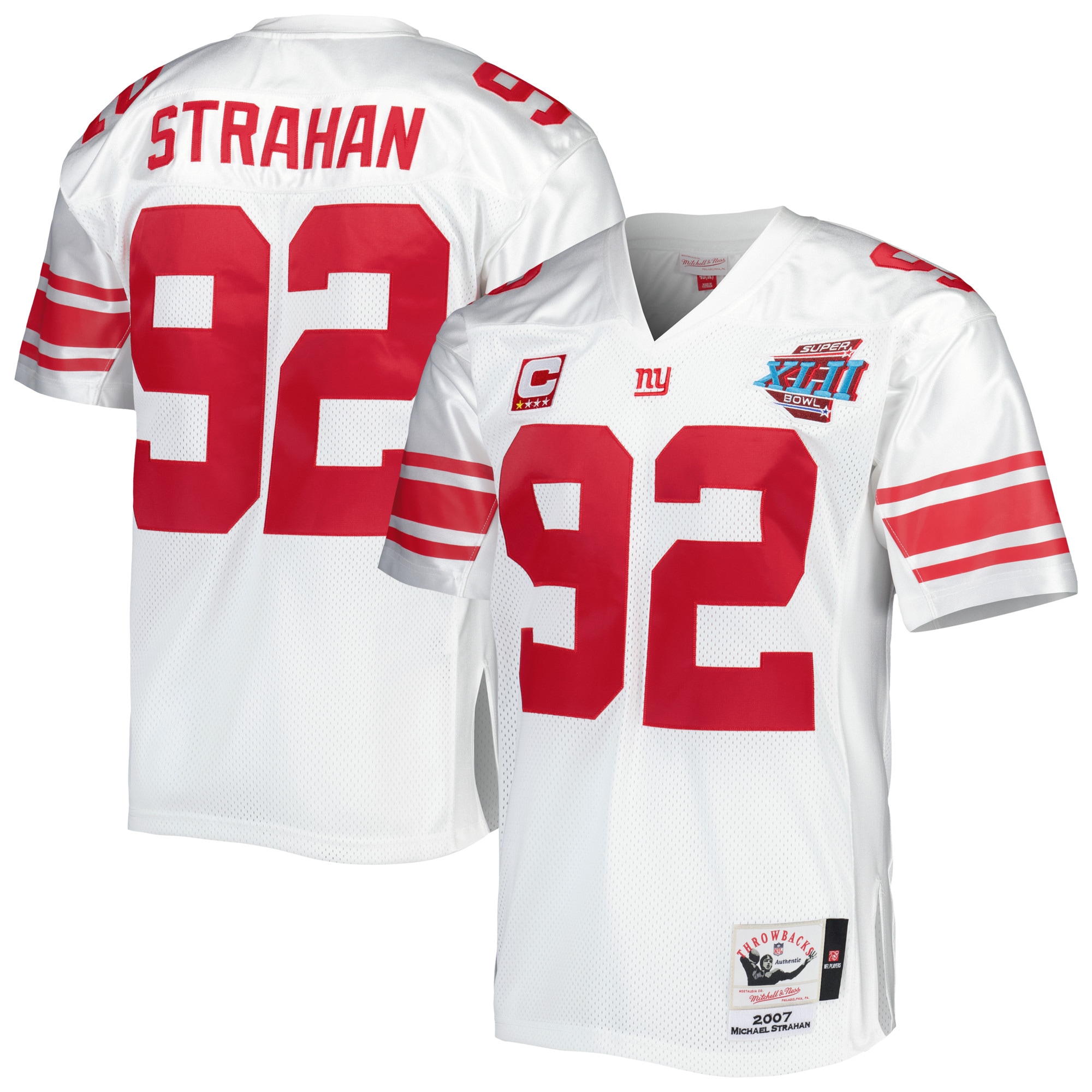 New York Giants 2007 Michael Strahan Mitchell Ness White Throwback Retired Player NFL Jersey Men's