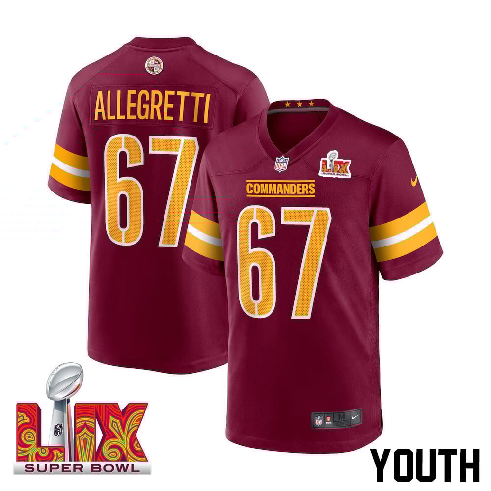 Nick Allegretti #67 Washington Commanders Super Bowl LIX Burgundy NFL Jersey Youth