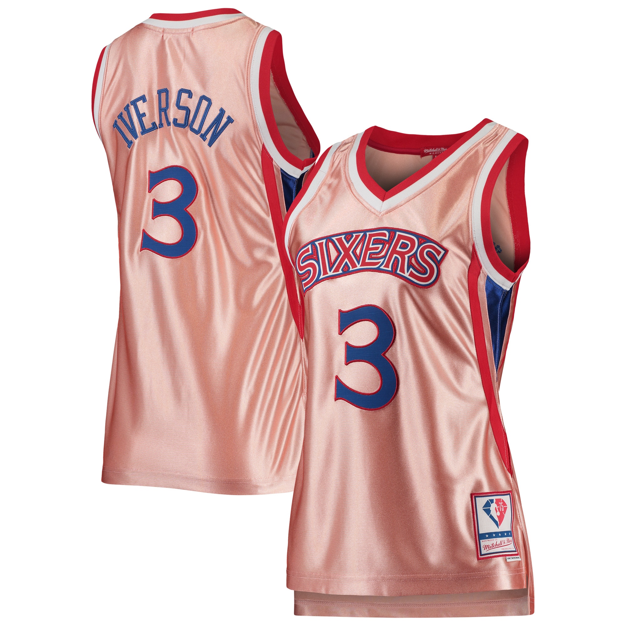 Mitchell Ness Allen Iverson Pink Philadelphia 76ers 75th Anniversary Rose Gold 1996 Swingman NBA Jersey Women's