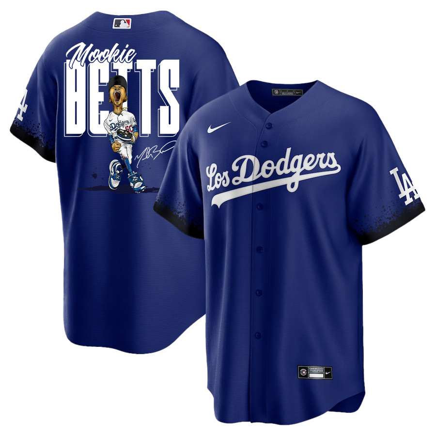 Mookie Betts 50 Los Angeles Dodgers Signed Cartoon 2023 City Connect Player Royal MLB Jersey Men's