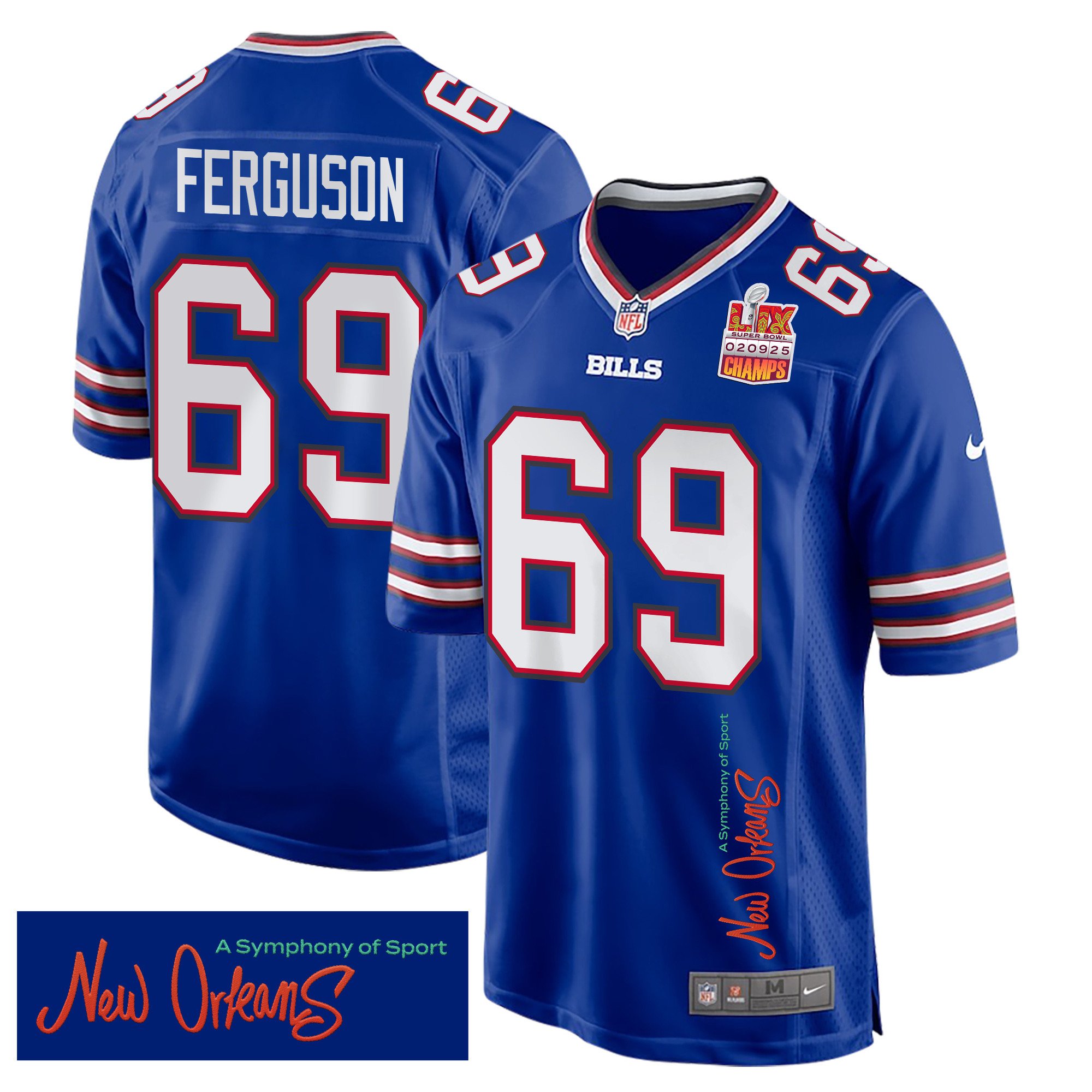 Reid Ferguson 69 Buffalo Bills Super Bowl LIX Champions Patch New Orleans A Symphony of Sport' EMBROIDERED Game Royal NFL Jersey Men's