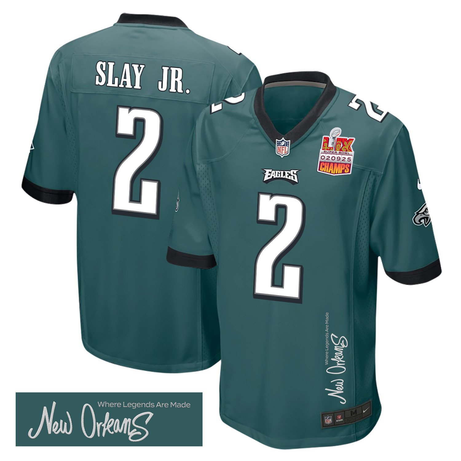 Darius Slay Jr. 2 Philadelphia Eagles Super Bowl LIX Champions Patch New Orleans Where Legends Are Made' EMBROIDERED Game Midnight Green NFL Jersey Men's