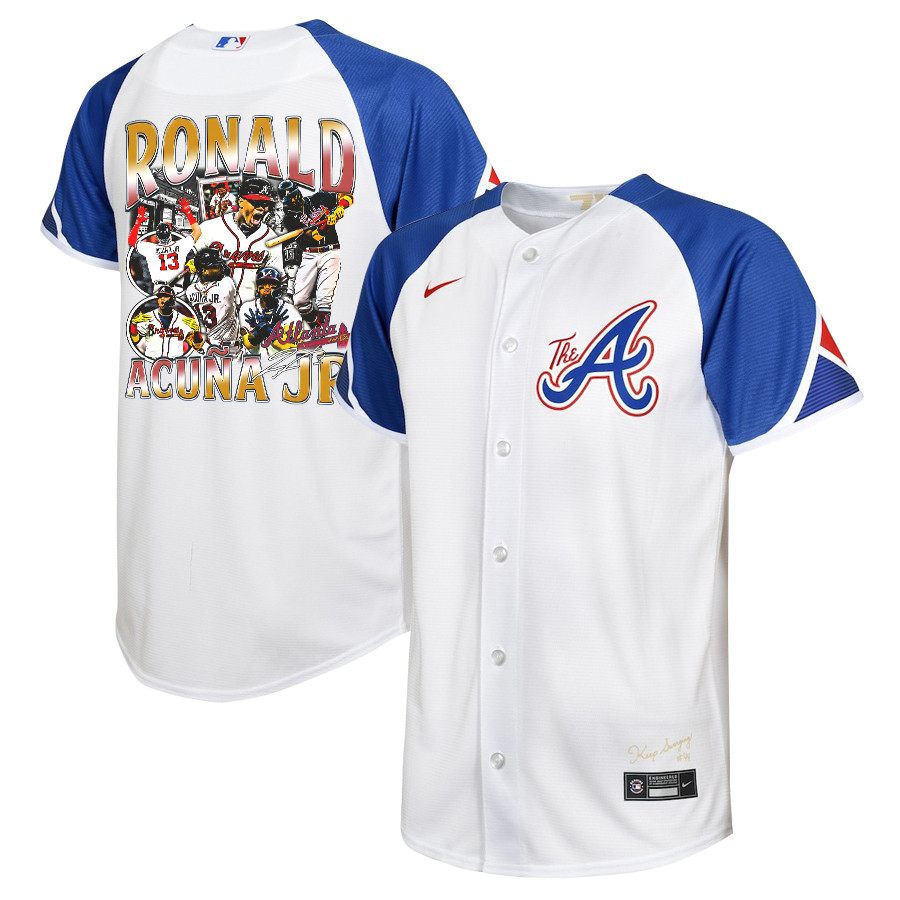 Ronald Acu?a Jr. 13 Atlanta Braves Signed Posture 2023 City Connect Player White Blue MLB Jersey Youth