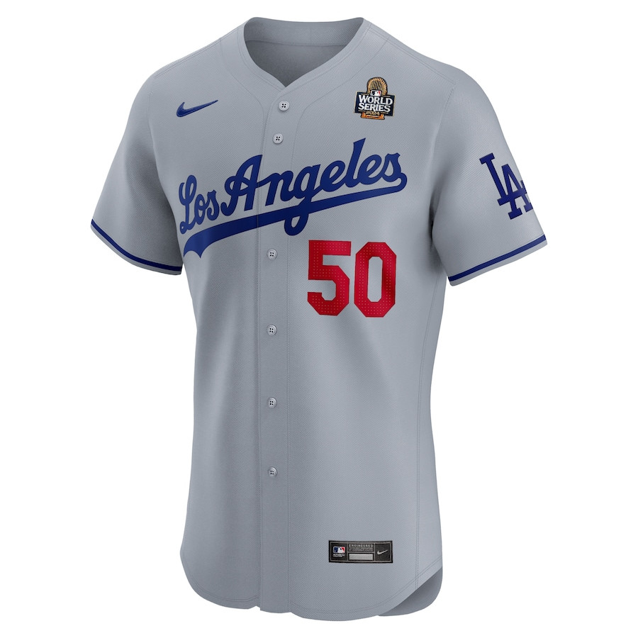 Mookie Betts 50 Los Angeles Dodgers 2024 World Series Road Elite Player Gray MLB Jersey Men's