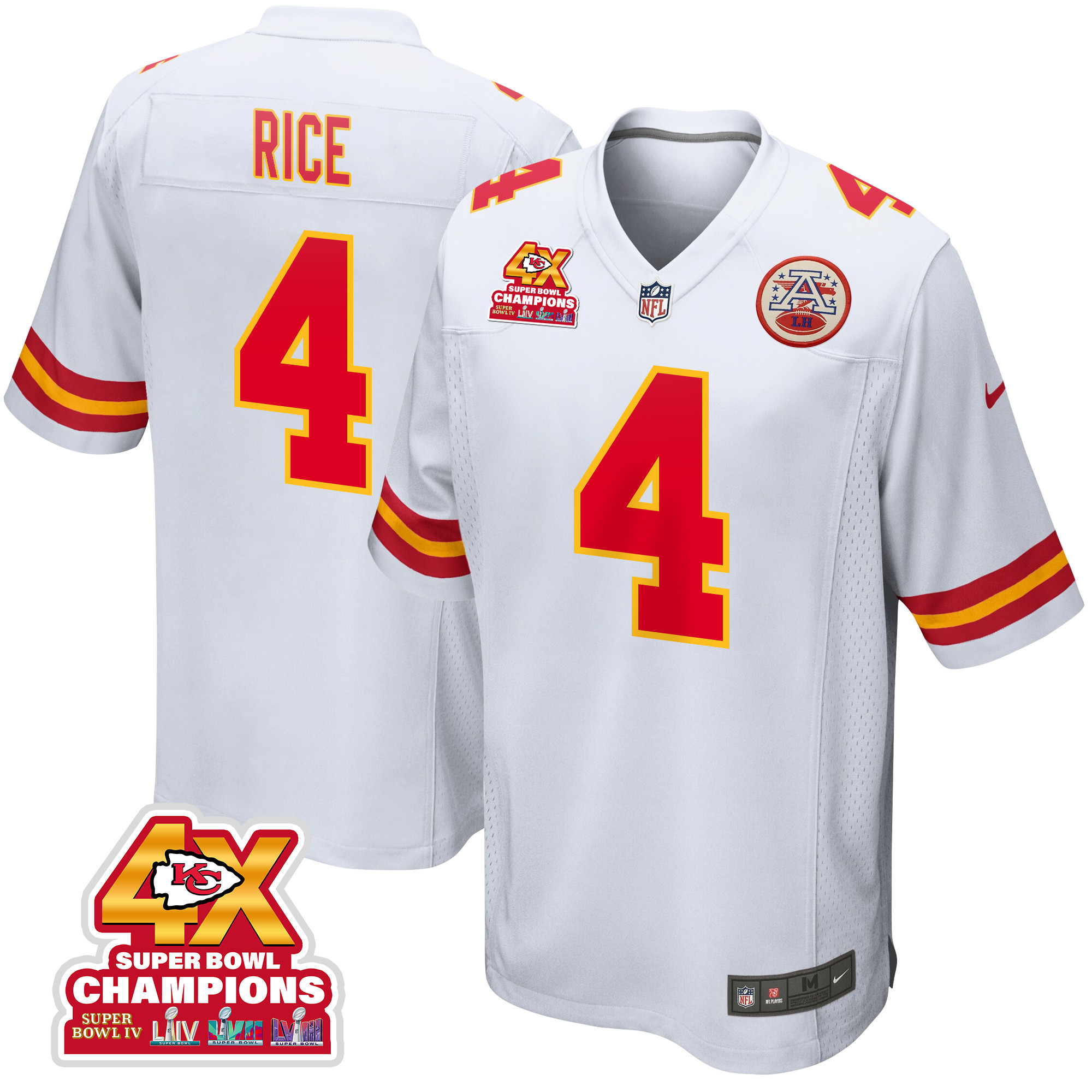 Rashee Rice 4 Kansas City Chiefs Super Bowl LVIII Champions 4X Game White NFL Jersey Men's