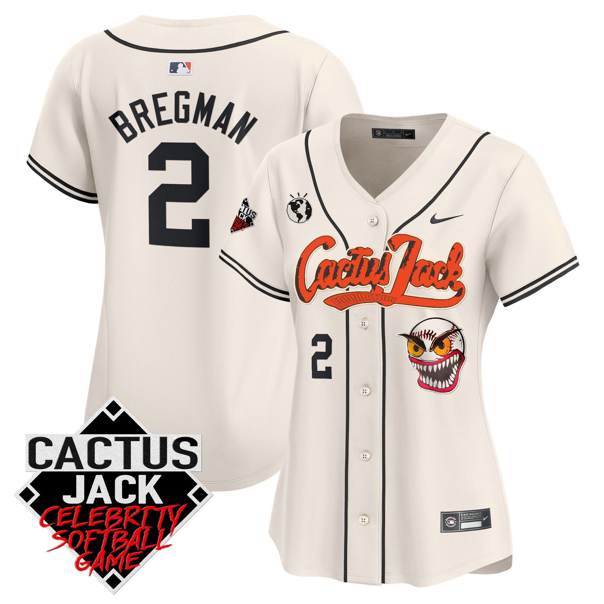 Alex Bregman 2 Houston Astros Cactus Jack Celebrity Softball Game Patch Cream MLB Jersey Women's