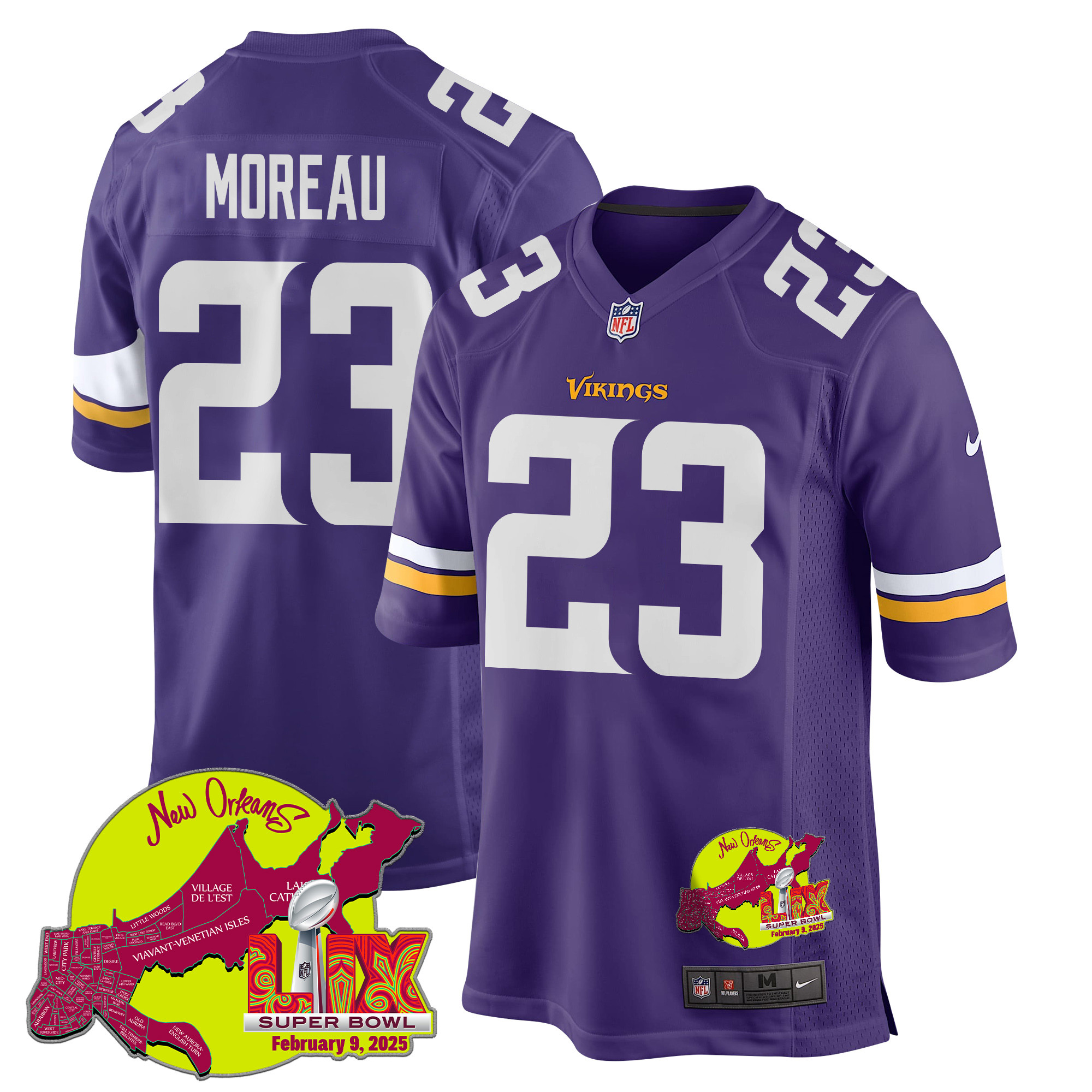 Fabian Moreau 23 Minnesota Vikings Super Bowl LIX New Orleans Patch Game Purple NFL Jersey Men's