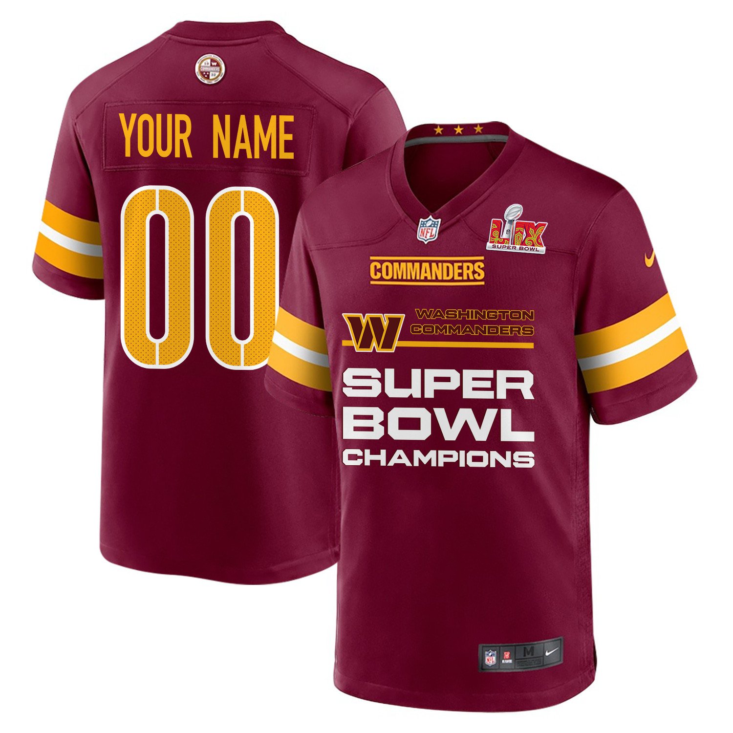 Washington Commanders Super Bowl LIX Champions Straight Text Game Custom Burgundy NFL Jersey Men's
