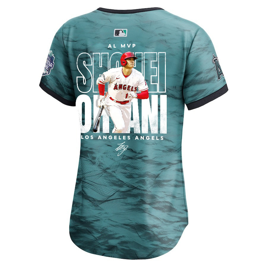 Shohei Ohtani 17 Los Angeles Angels Signed Name 2023 All Star Game Limited Player Teal MLB Jersey Women's