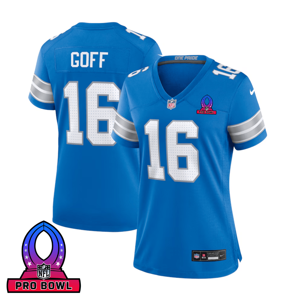Jared Goff 16 Detroit Lions 2025 Pro Bowl Patch Game Blue NFL Jersey Women's