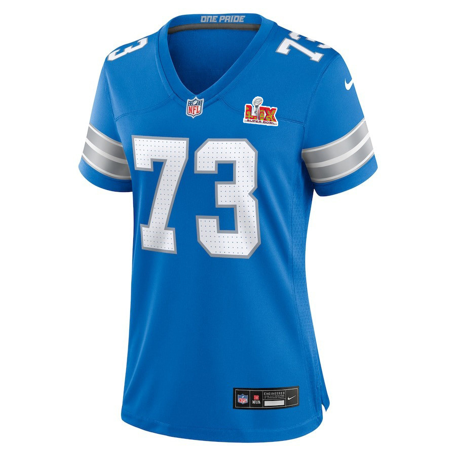 Christian Mahogany #73 Detroit Lions Super Bowl LIX Blue NFL Jersey Women's