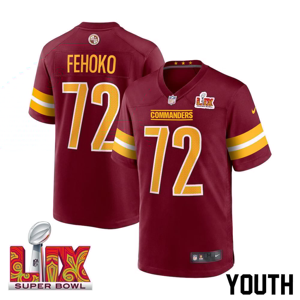 Viliami Fehoko Jr. #72 Washington Commanders Super Bowl LIX Burgundy NFL Jersey Youth