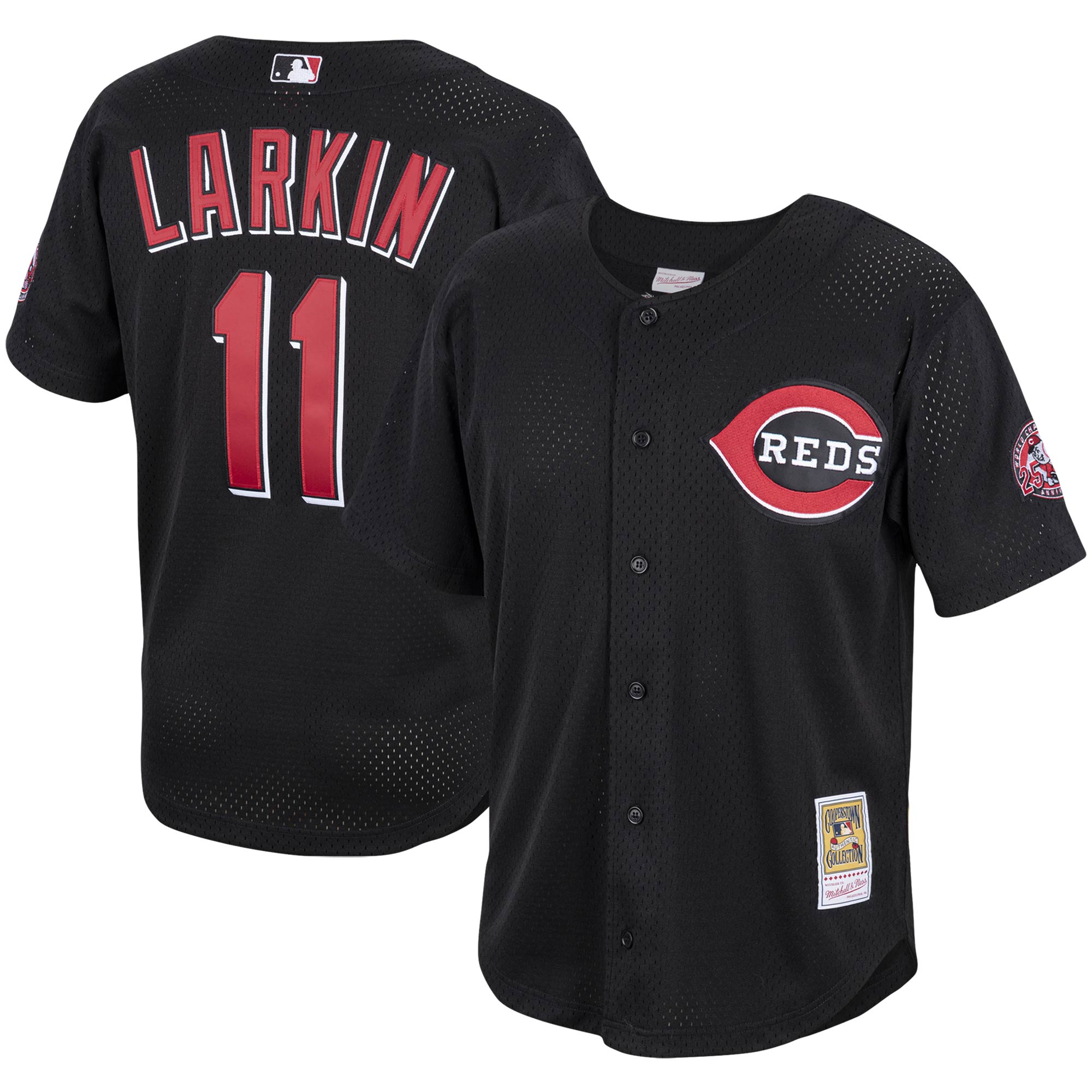 Cincinnati Reds Barry Larkin Mitchell Ness Black Cooperstown Collection Mesh Batting Practice Button-Up MLB Jersey Men's