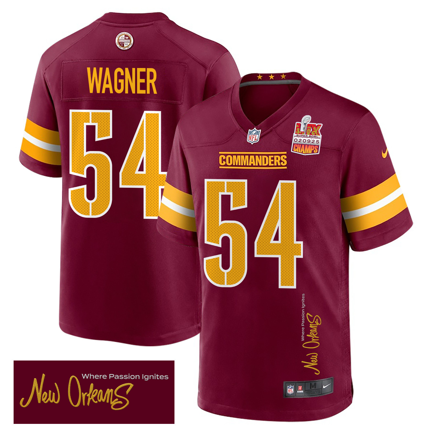 Bobby Wagner 54 Washington Commanders Super Bowl LIX Champions Patch New Orleans Where Passion Ignites' EMBROIDERED Game Burgundy NFL Jersey Men's