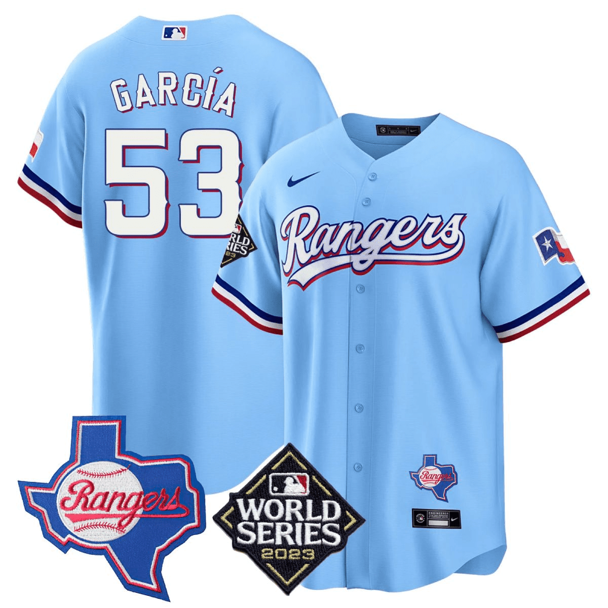 Adolis Garcia 53 Texas Rangers 2023 World Series Texas State Patch Blue MLB Jersey Men's