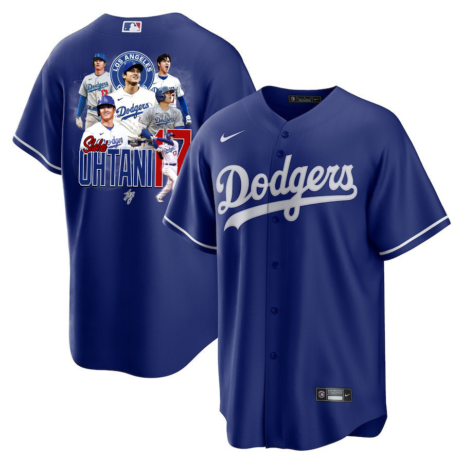 Shohei Ohtani 17 Los Angeles Dodgers Signed Collage Arts 2023 Alternate Royal MLB Jersey Men's