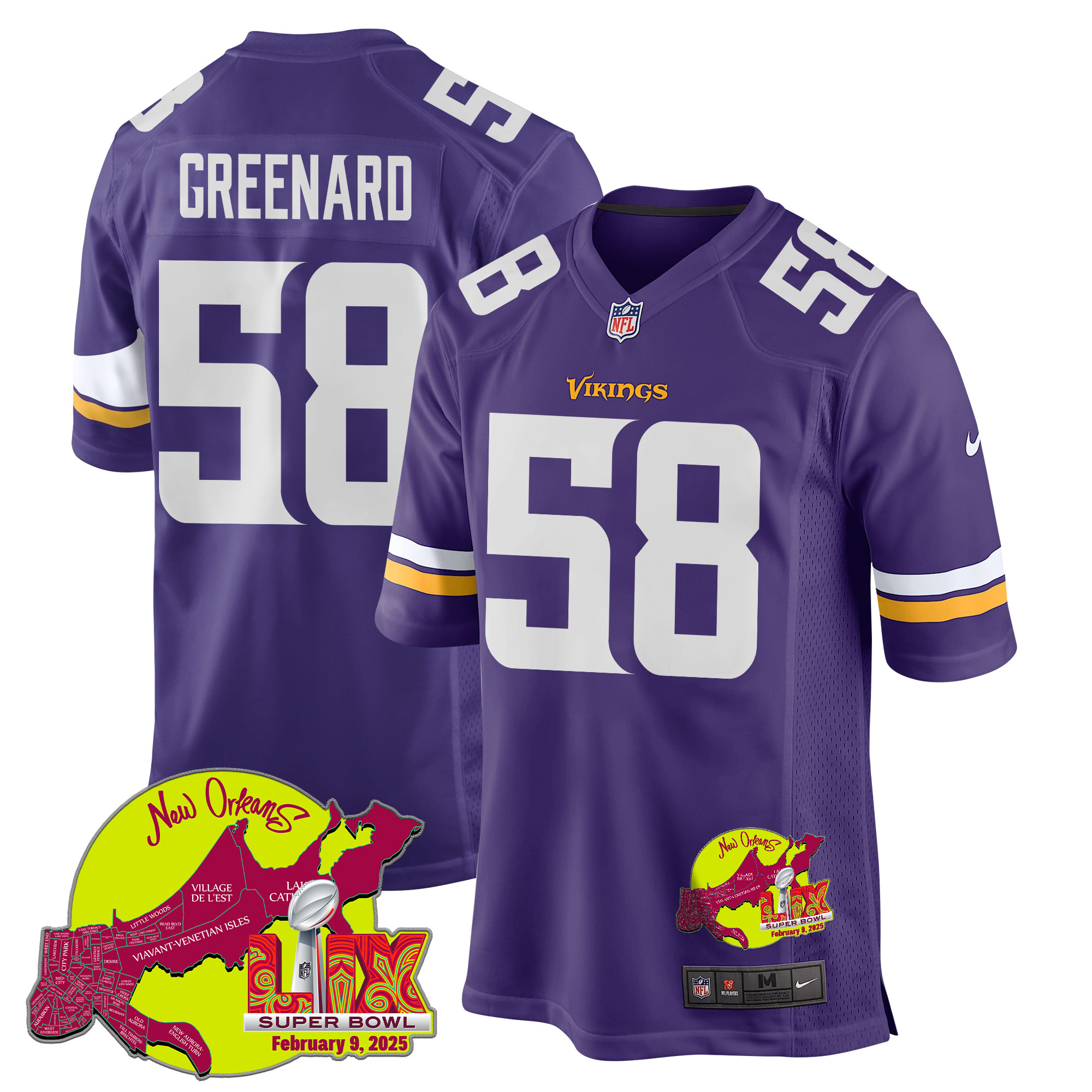 Jonathan Greenard 58 Minnesota Vikings Super Bowl LIX New Orleans Patch Game Purple NFL Jersey Men's
