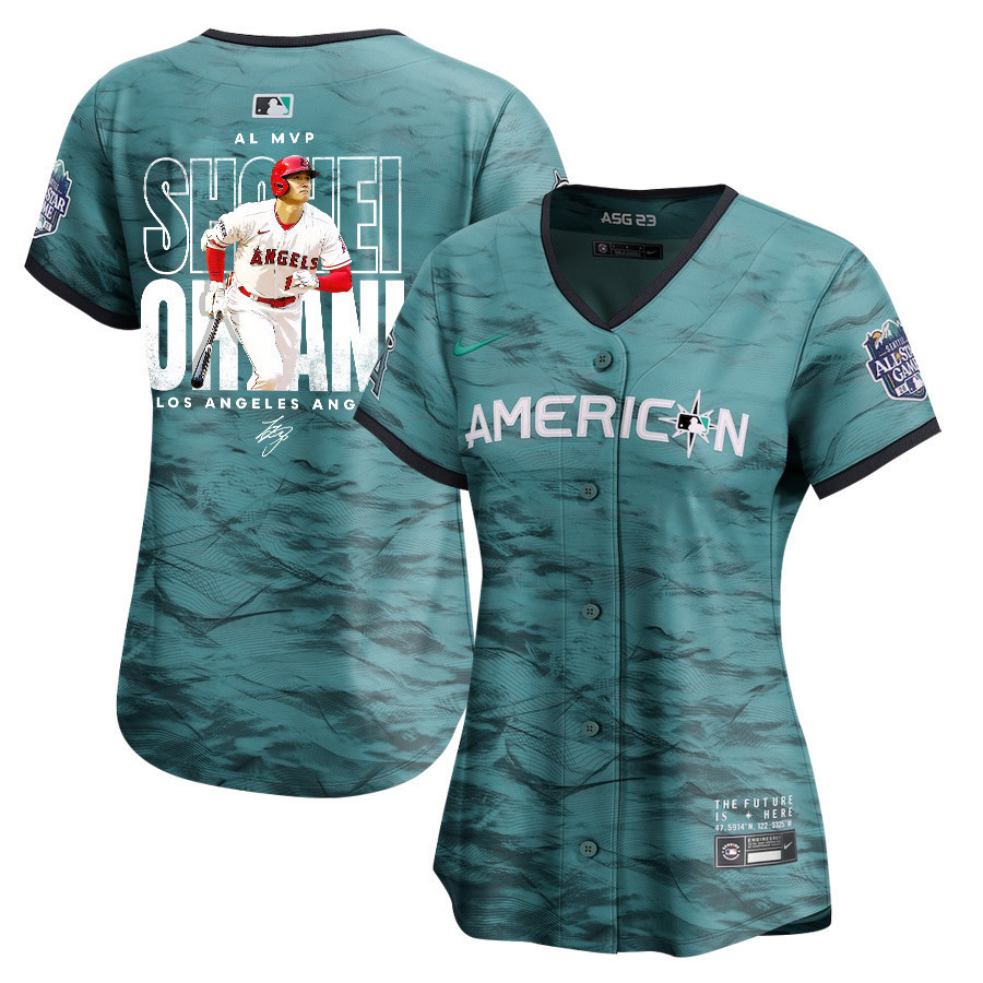 Shohei Ohtani 17 Los Angeles Angels Signed Name 2023 All Star Game Limited Player Teal MLB Jersey Women's