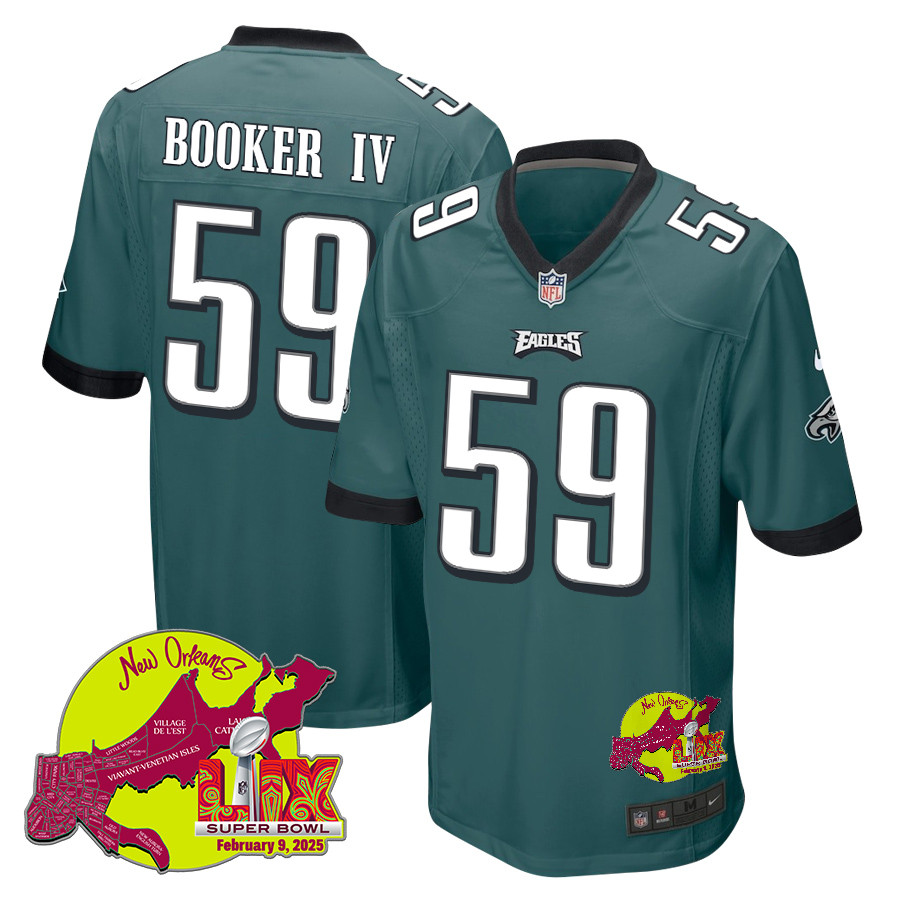 Thomas Booker IV 59 Philadelphia Eagles Super Bowl LIX New Orleans Patch Game Midnight Green NFL Jersey Men's