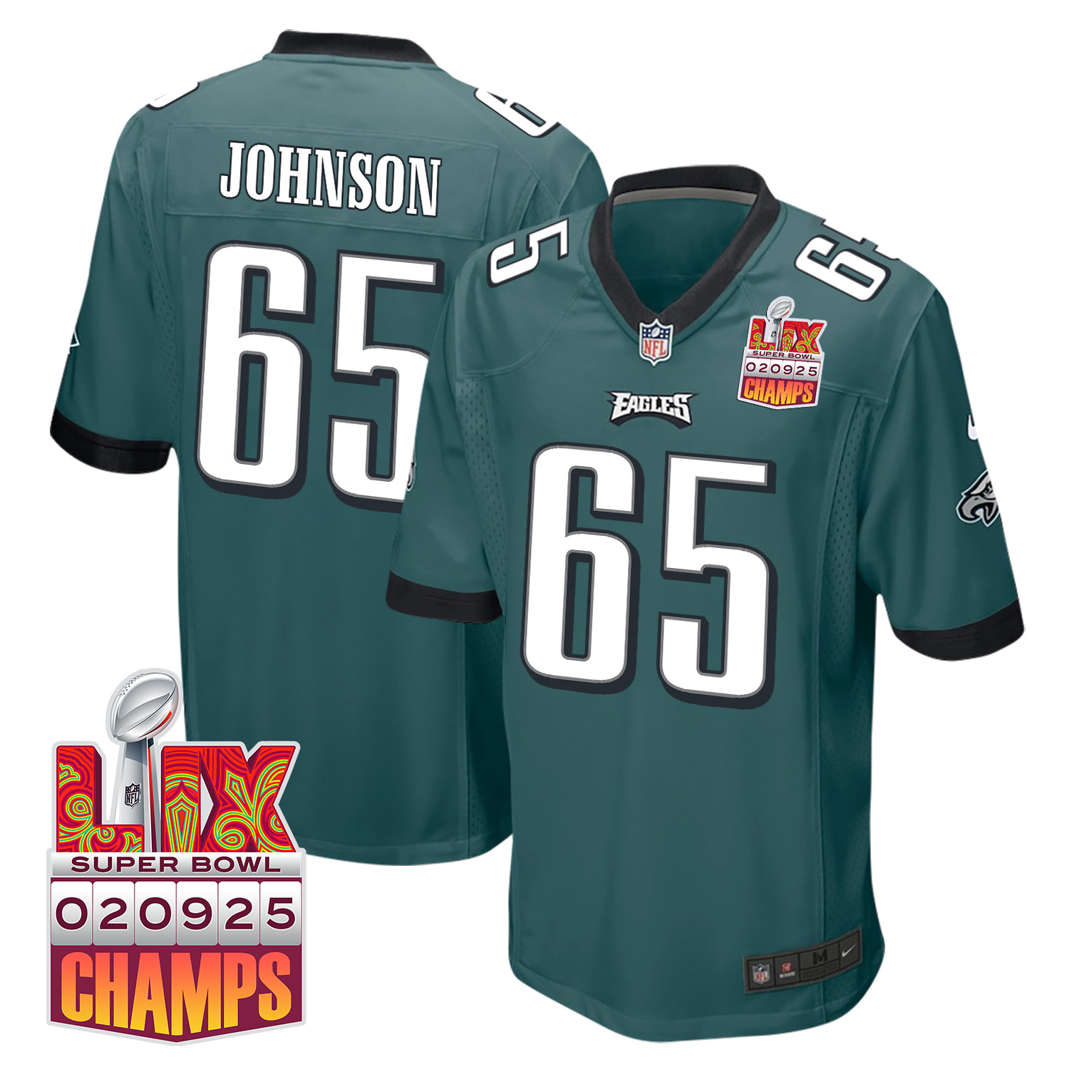 Lane Johnson 65 Philadelphia Eagles Super Bowl LIX Champions Patch Game Midnight Green NFL Jersey Men's