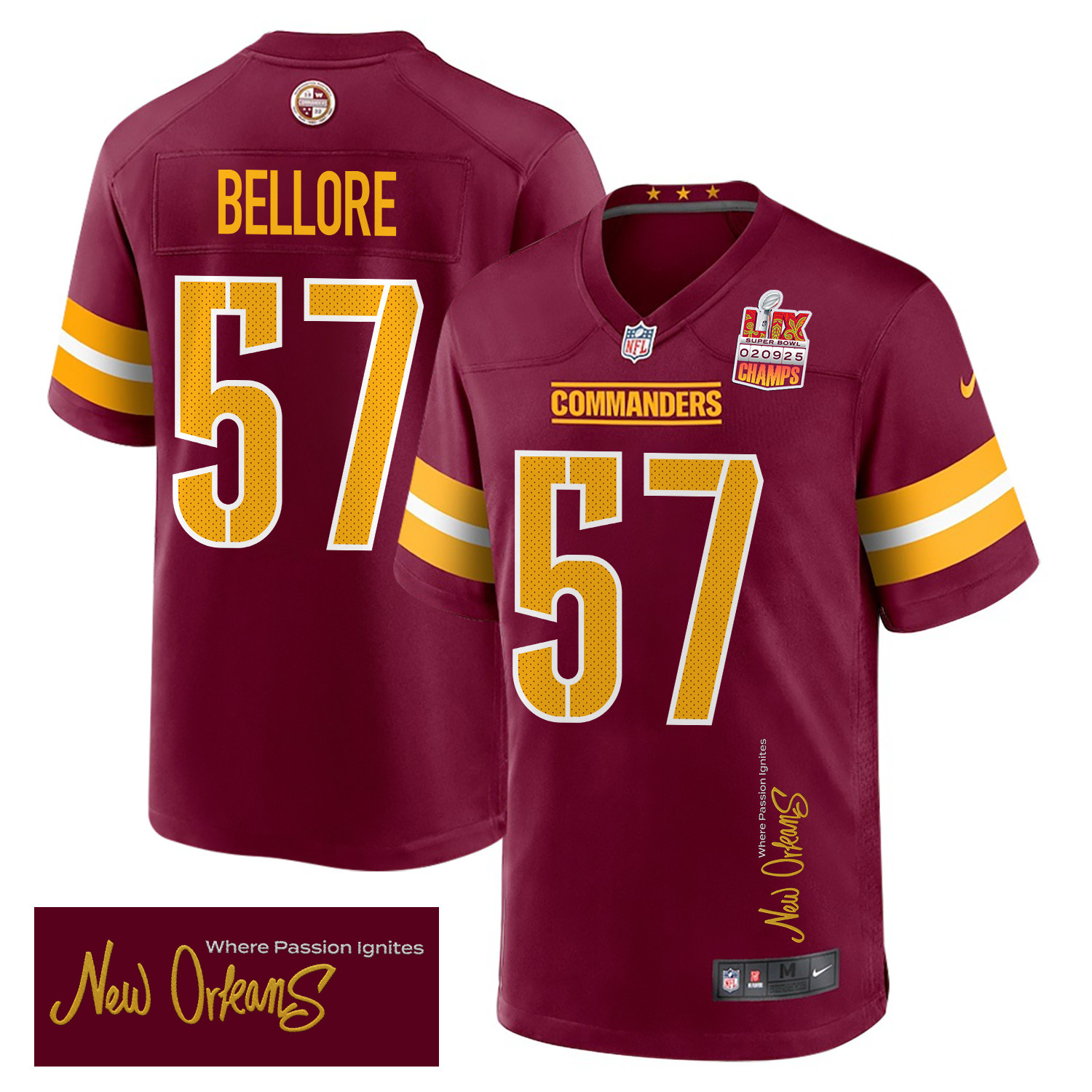 Nick Bellore 57 Washington Commanders Super Bowl LIX Champions Patch New Orleans Where Passion Ignites' EMBROIDERED Game Burgundy NFL Jersey Men's