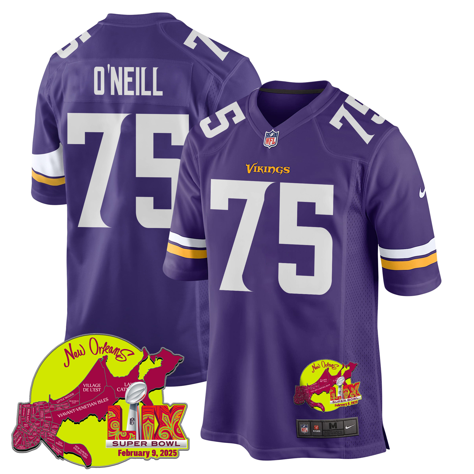 Brian O'Neill 75 Minnesota Vikings Super Bowl LIX New Orleans Patch Game Purple NFL Jersey Men's