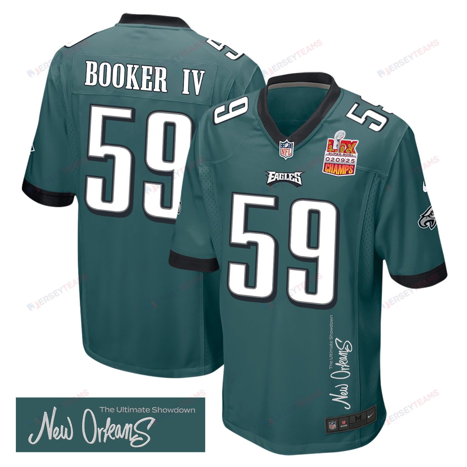 Thomas Booker IV 59 Philadelphia Eagles Super Bowl LIX Champions Patch New Orleans The Ultimate Showdown' EMBROIDERED Game Midnight Green NFL Jersey Men's