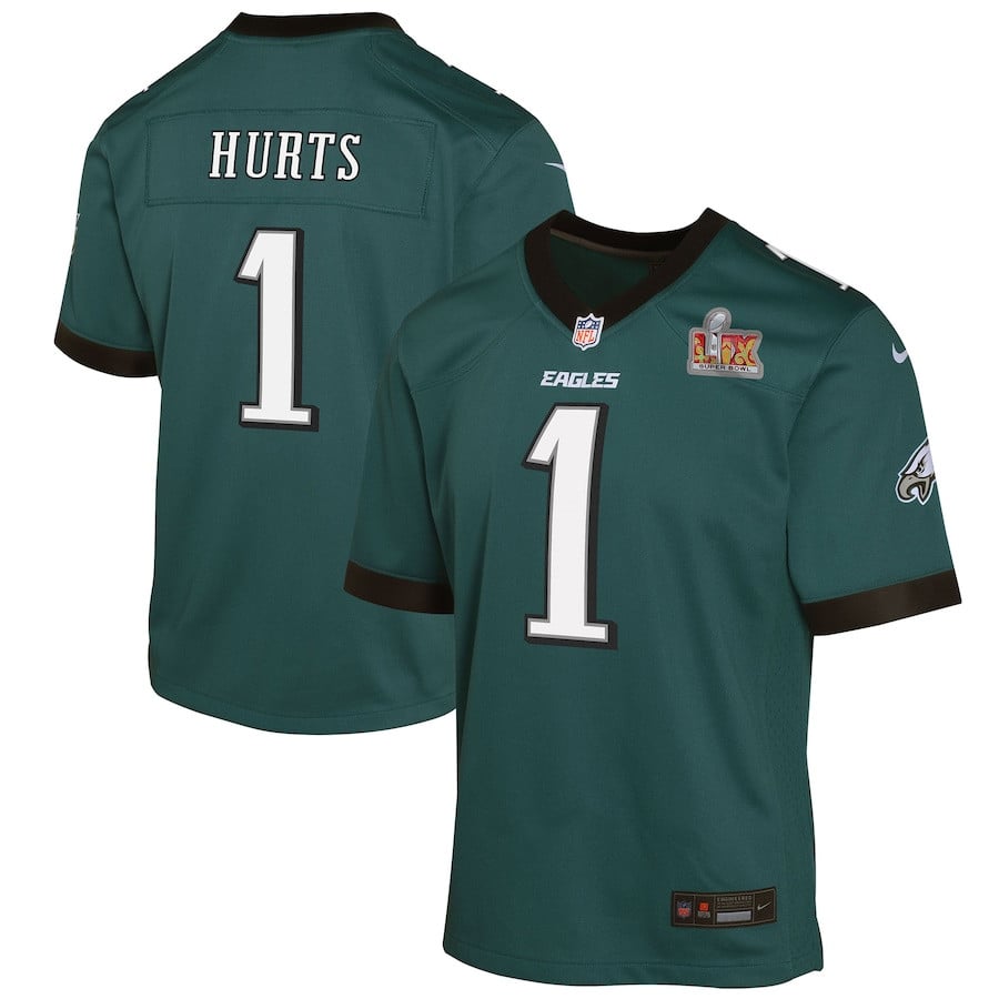 Jalen Hurts 1 Philadelphia Eagles Super Bowl LIX Game Player Midnight Green NFL Jersey Youth