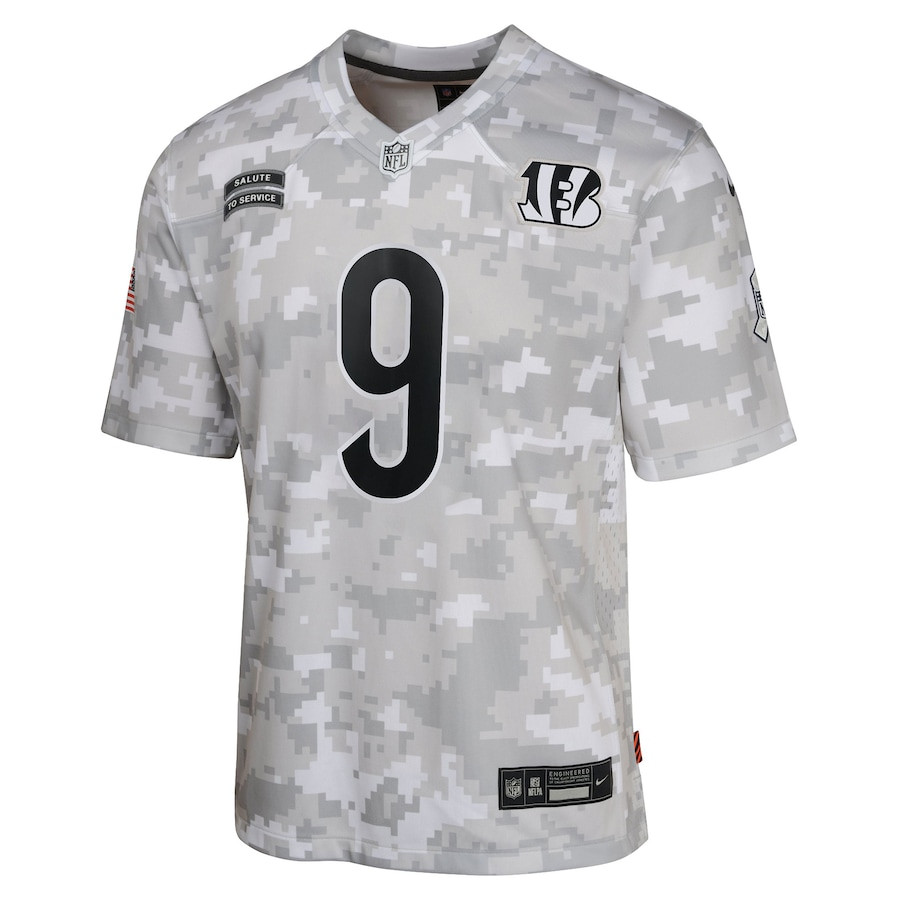 Joe Burrow 9 Cincinnati Bengals 2024 Salute to Service Game Arctic Camo NFL Jersey Youth