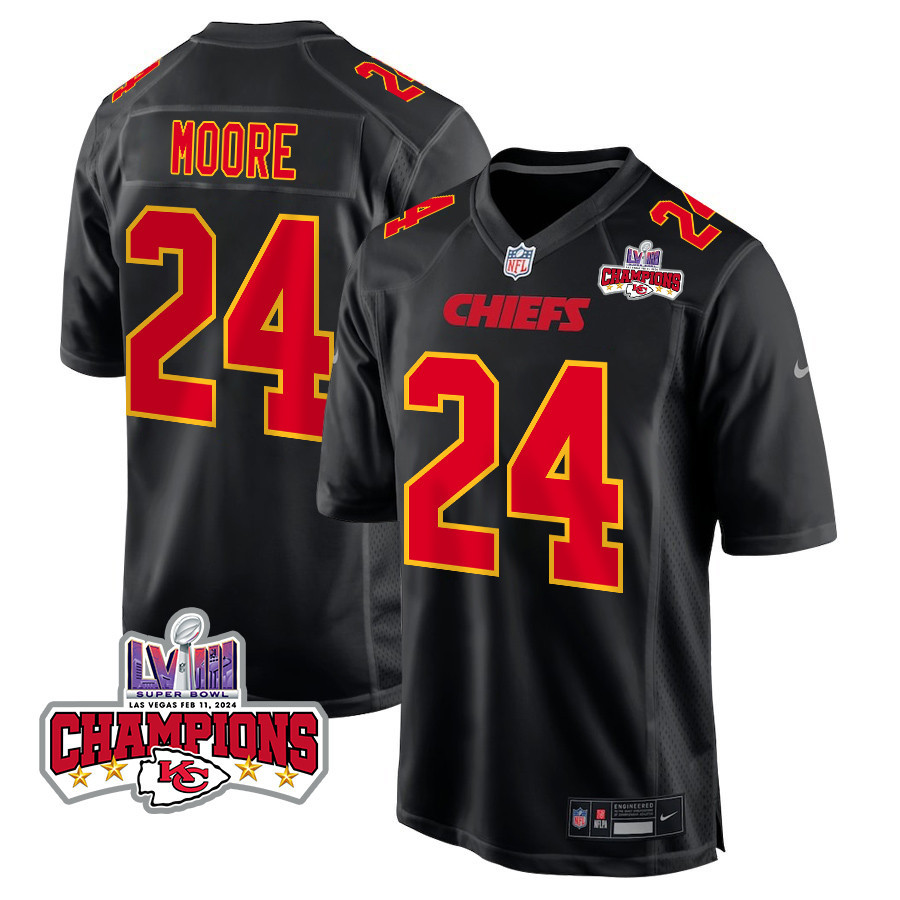 Skyy Moore 24 Kansas City Chiefs Super Bowl LVIII Champions 4 Stars Patch Fashion Game Carbon Black NFL Jersey Men's