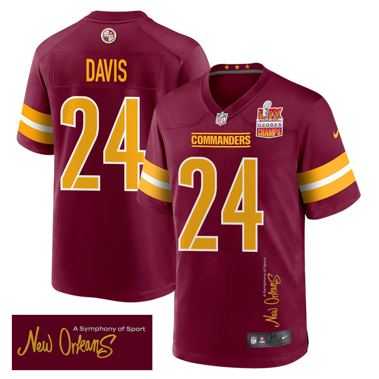 Michael Davis 24 Washington Commanders Super Bowl LIX Champions Patch New Orleans A Symphony of Sport' EMBROIDERED Game Burgundy NFL Jersey Men's