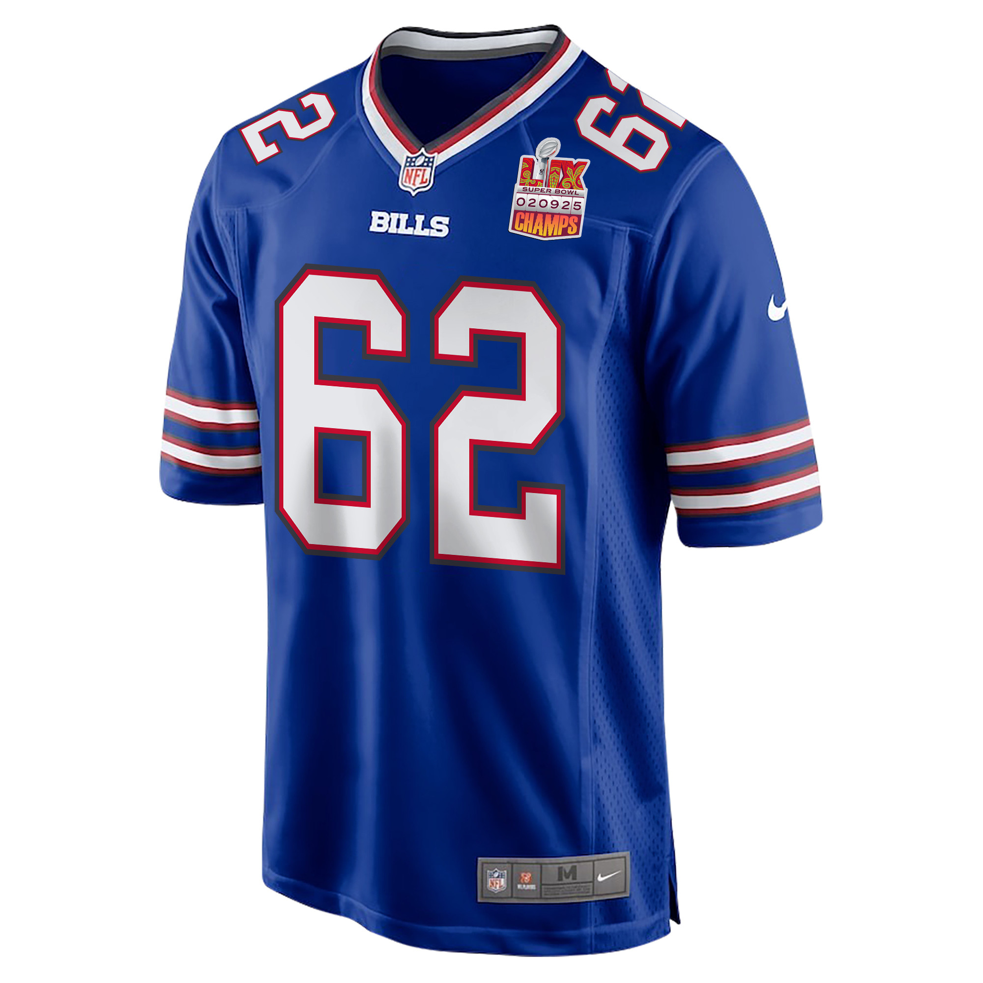 Sedrick Van Pran-Granger 62 Buffalo Bills Super Bowl LIX Champions Patch Game Royal NFL Jersey Men's