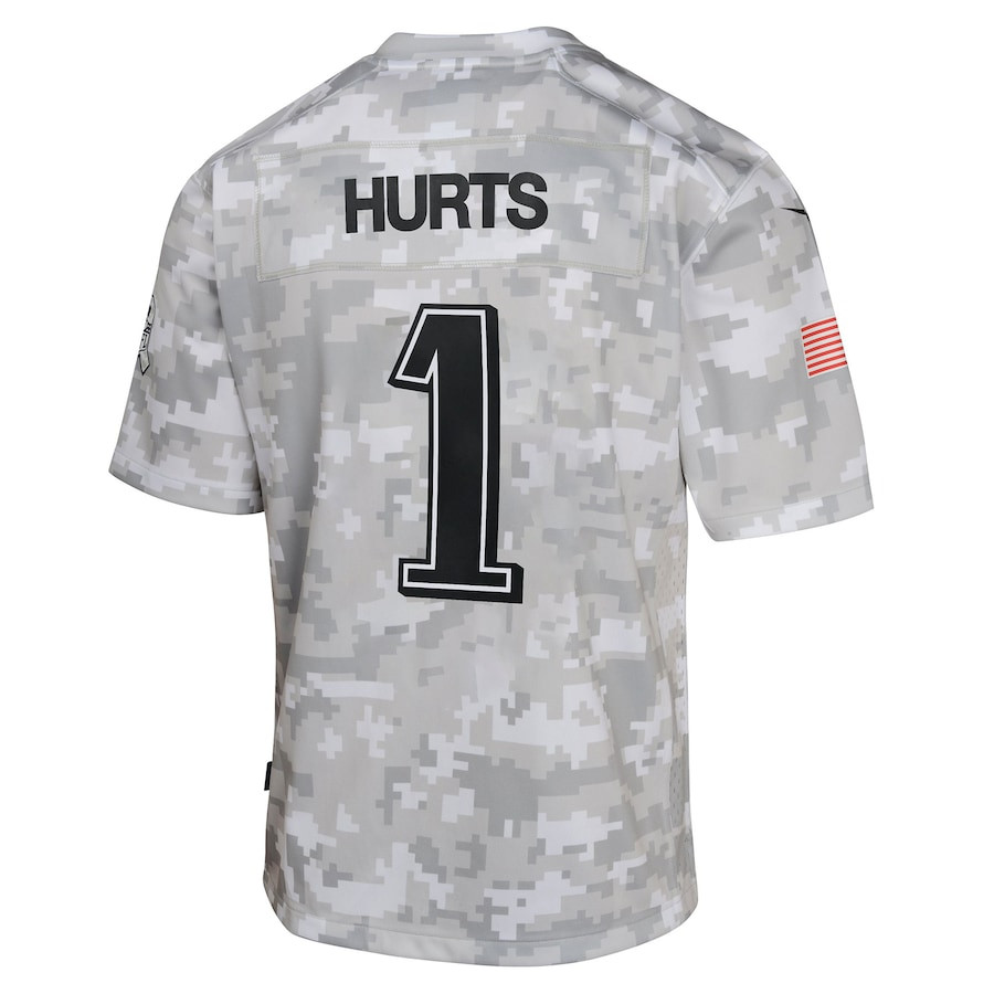 Jalen Hurts 1 Philadelphia Eagles 2024 Salute to Service Game Arctic Camo NFL Jersey Youth