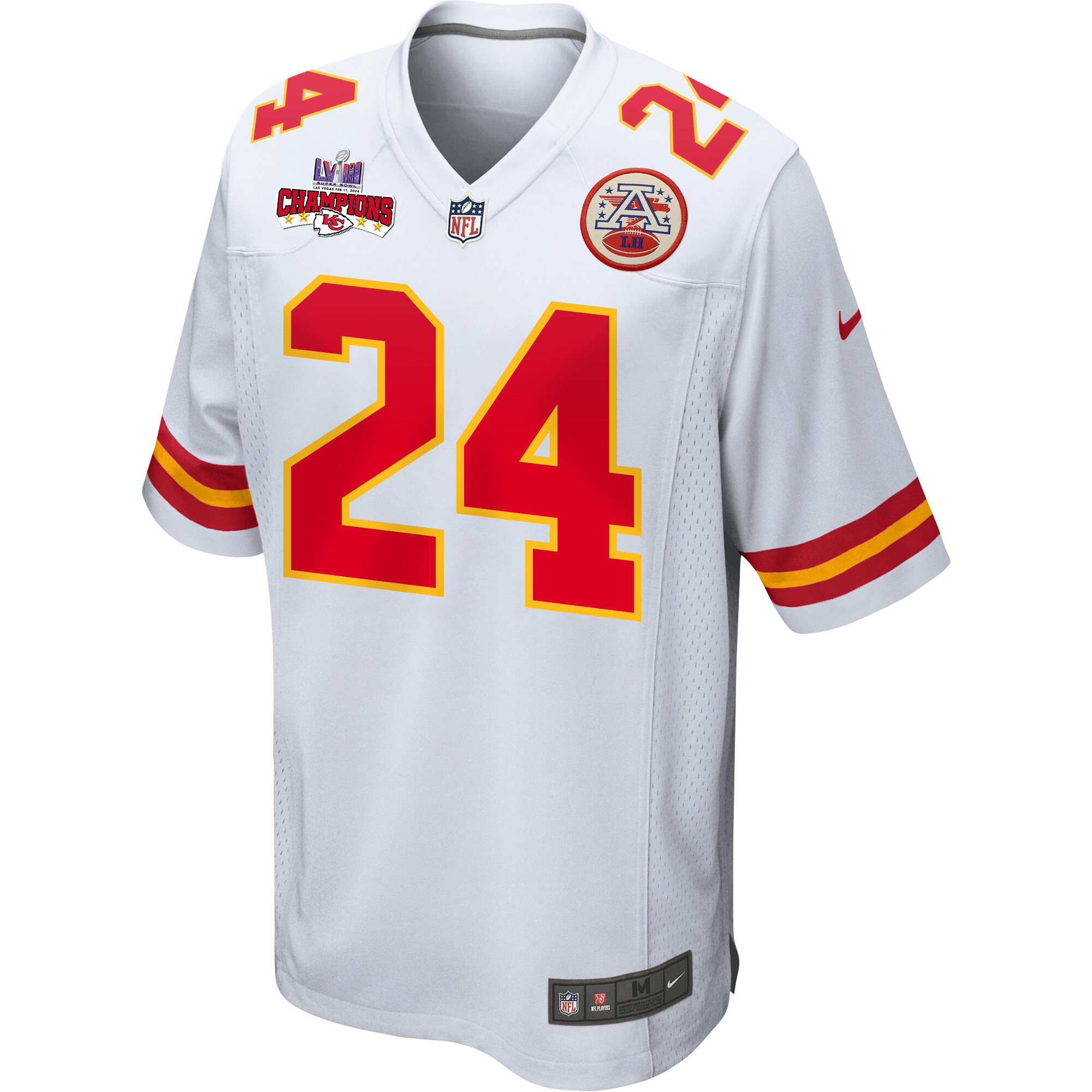 Skyy Moore 24 Kansas City Chiefs Super Bowl LVIII Champions 4 Stars Patch Game White NFL Jersey Men's