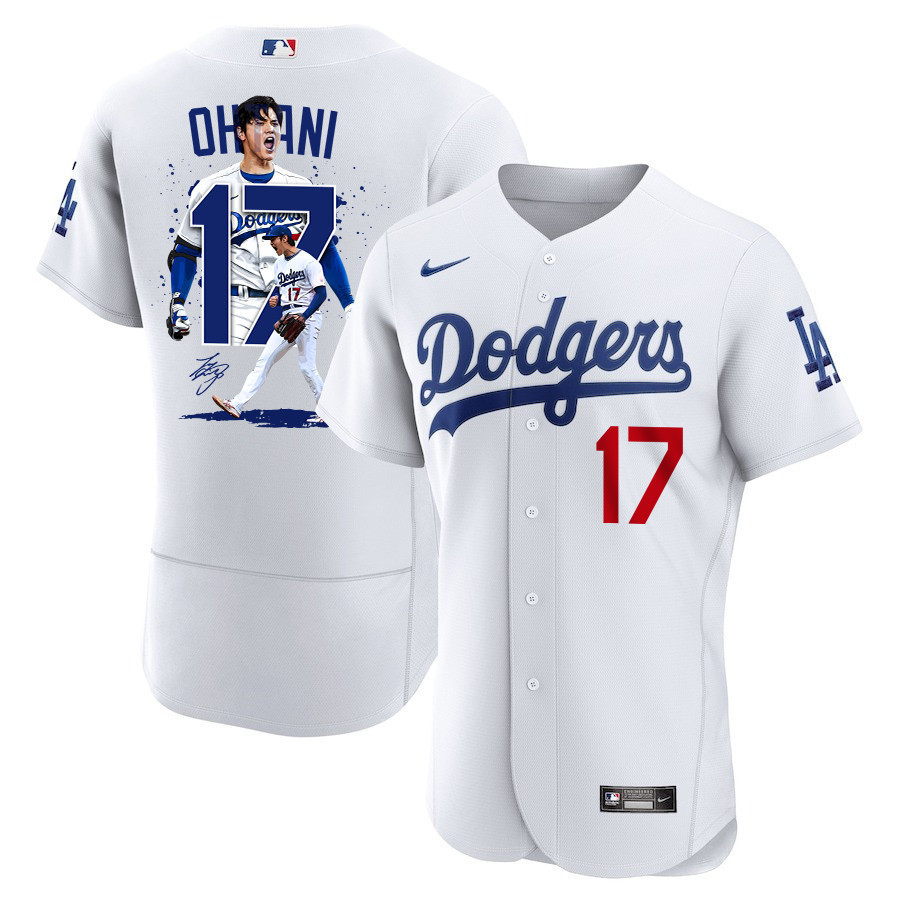Shohei Ohtani 17 Los Angeles Dodgers Signed Number 2023 Home ELITE White MLB Jersey Men's