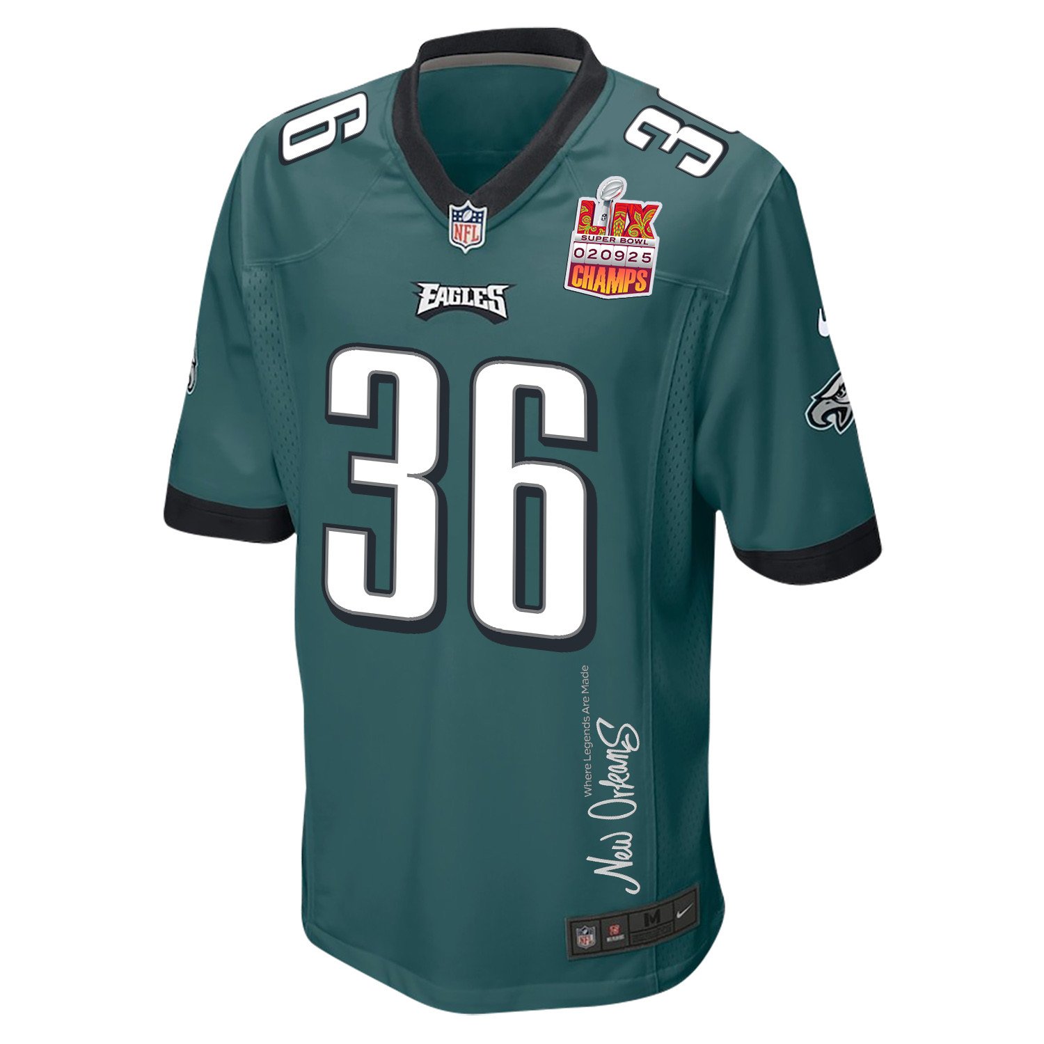 Tristin McCollum 36 Philadelphia Eagles Super Bowl LIX Champions Patch New Orleans Where Legends Are Made' EMBROIDERED Game Midnight Green NFL Jersey Men's
