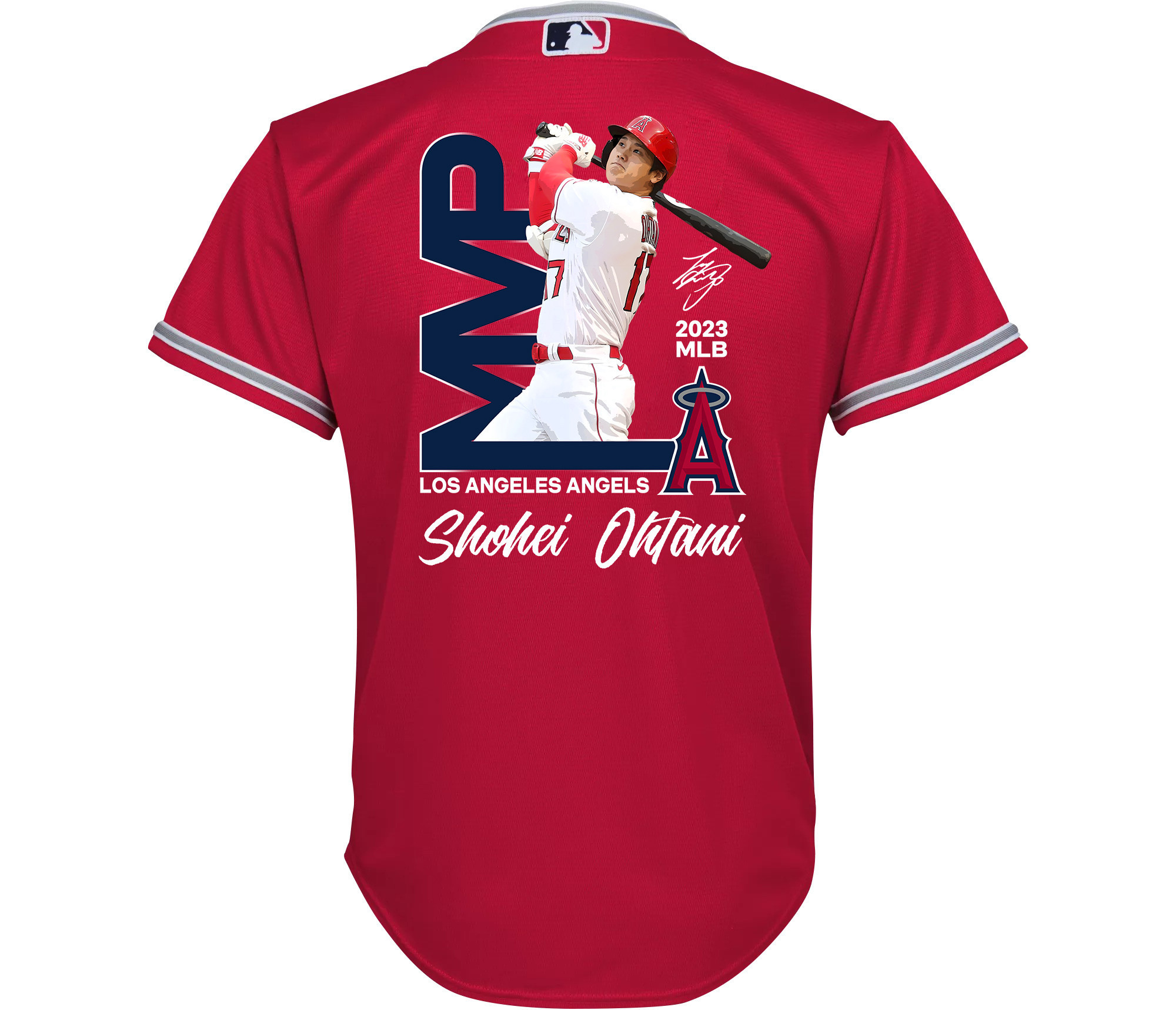 Shohei Ohtani 17 Los Angeles Angels Signed MVP 2023 Alternate Player Red MLB Jersey Youth