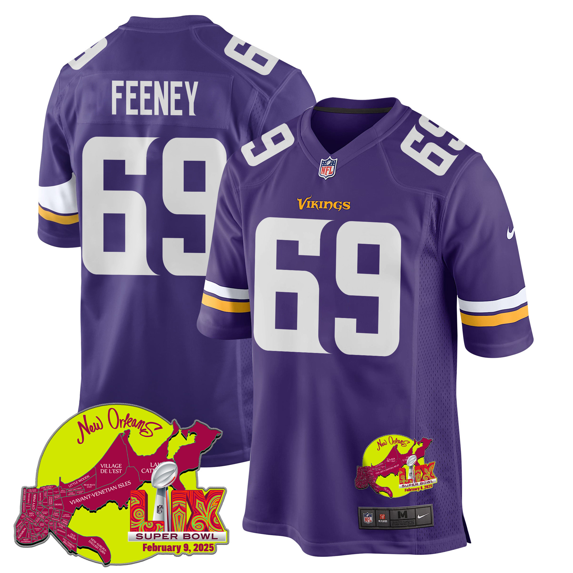 Dan Feeney 69 Minnesota Vikings Super Bowl LIX New Orleans Patch Game Purple NFL Jersey Men's