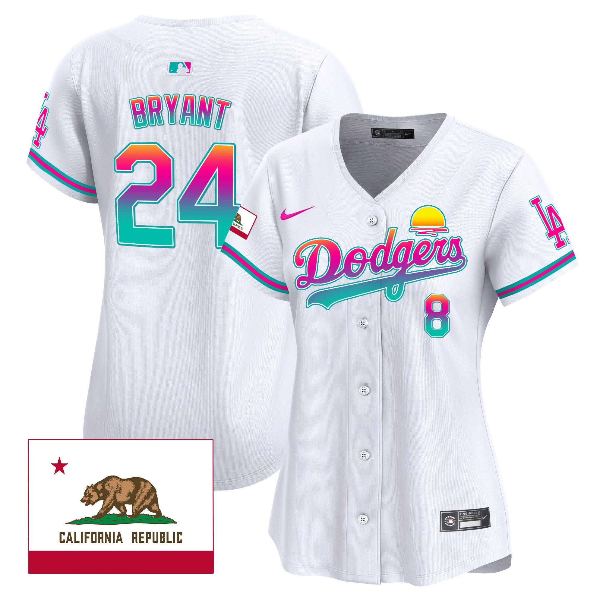Kobe Bryant 24 Los Angeles Dodgers 2024 Los Angeles City Style California Republic Patch White MLB Jersey Women's