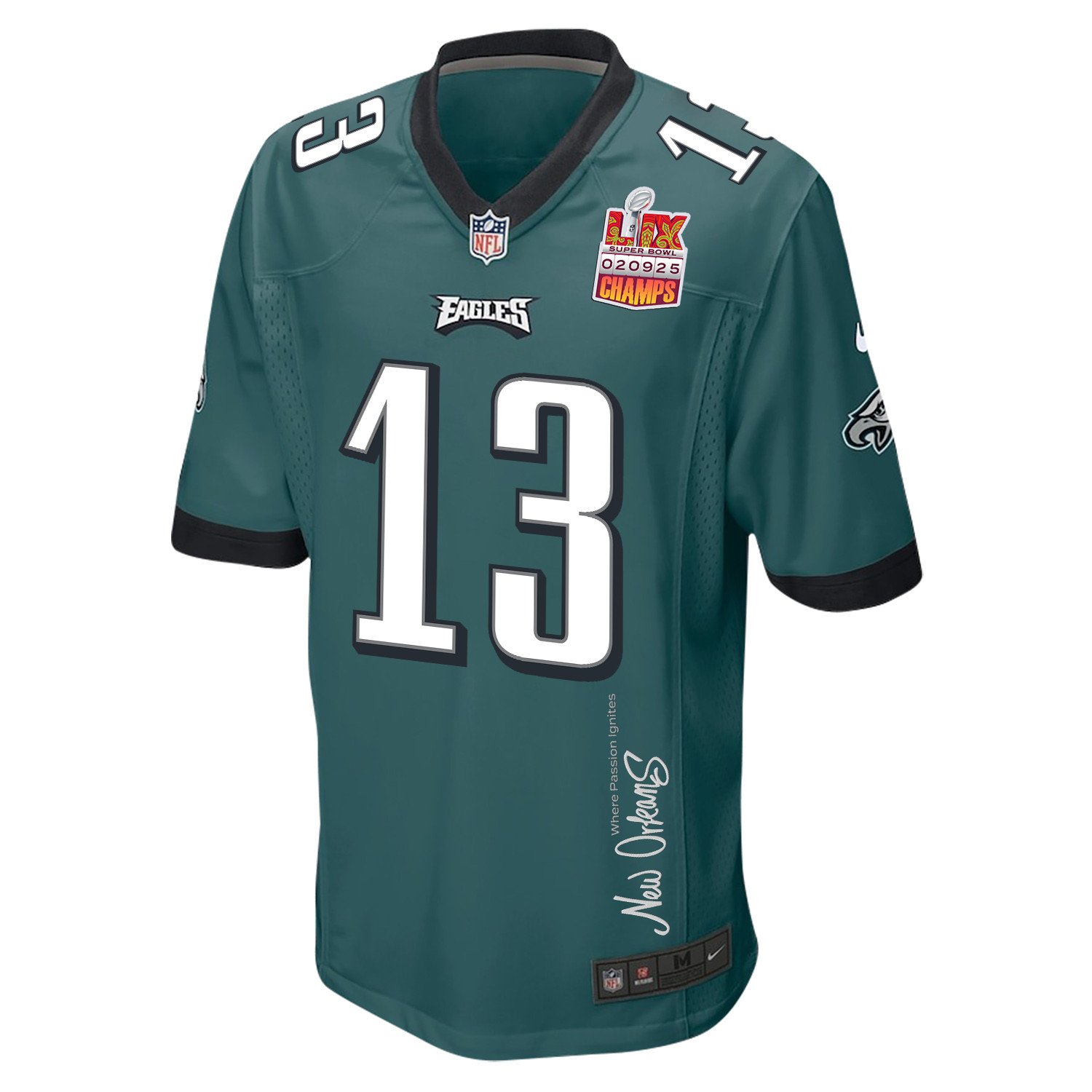 Ian Book 13 Philadelphia Eagles Super Bowl LIX Champions Patch New Orleans Where Passion Ignites' EMBROIDERED Game Midnight Green NFL Jersey Men's