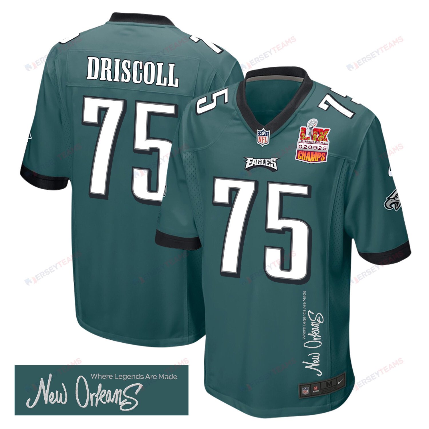 Jack Driscoll 75 Philadelphia Eagles Super Bowl LIX Champions Patch New Orleans Where Legends Are Made' EMBROIDERED Game Midnight Green NFL Jersey Men's