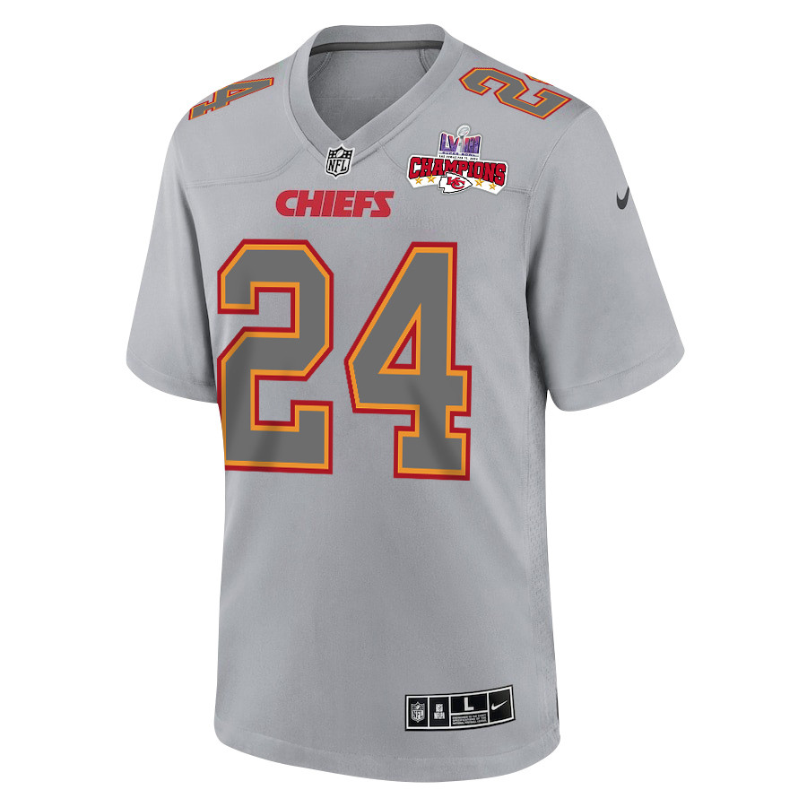 Skyy Moore 24 Kansas City Chiefs Super Bowl LVIII Champions 4 Stars Patch Atmosphere Fashion Game Gray NFL Jersey Men's