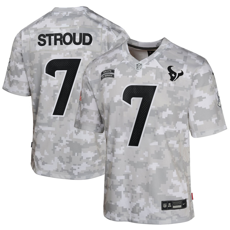 C.J. Stroud 7 Houston Texans 2024 Salute to Service Game Arctic Camo NFL Jersey Youth