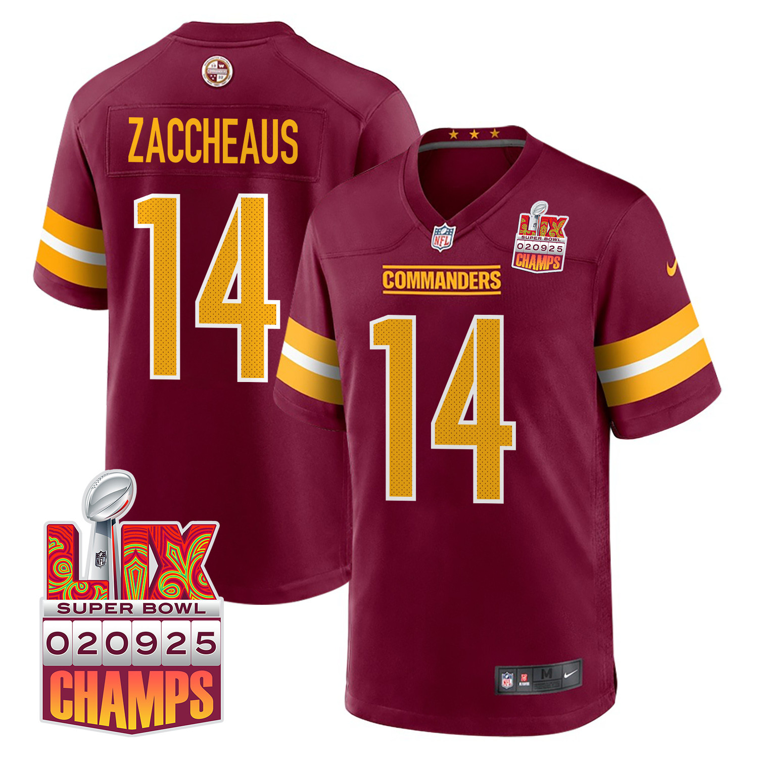 Olamide Zaccheaus 14 Washington Commanders Super Bowl LIX Champions Patch Game Burgundy NFL Jersey Men's