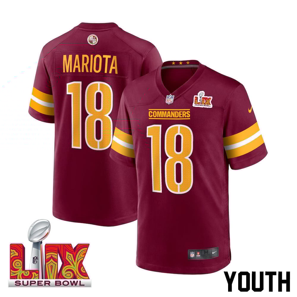 Marcus Mariota #18 Washington Commanders Super Bowl LIX Burgundy NFL Jersey Youth