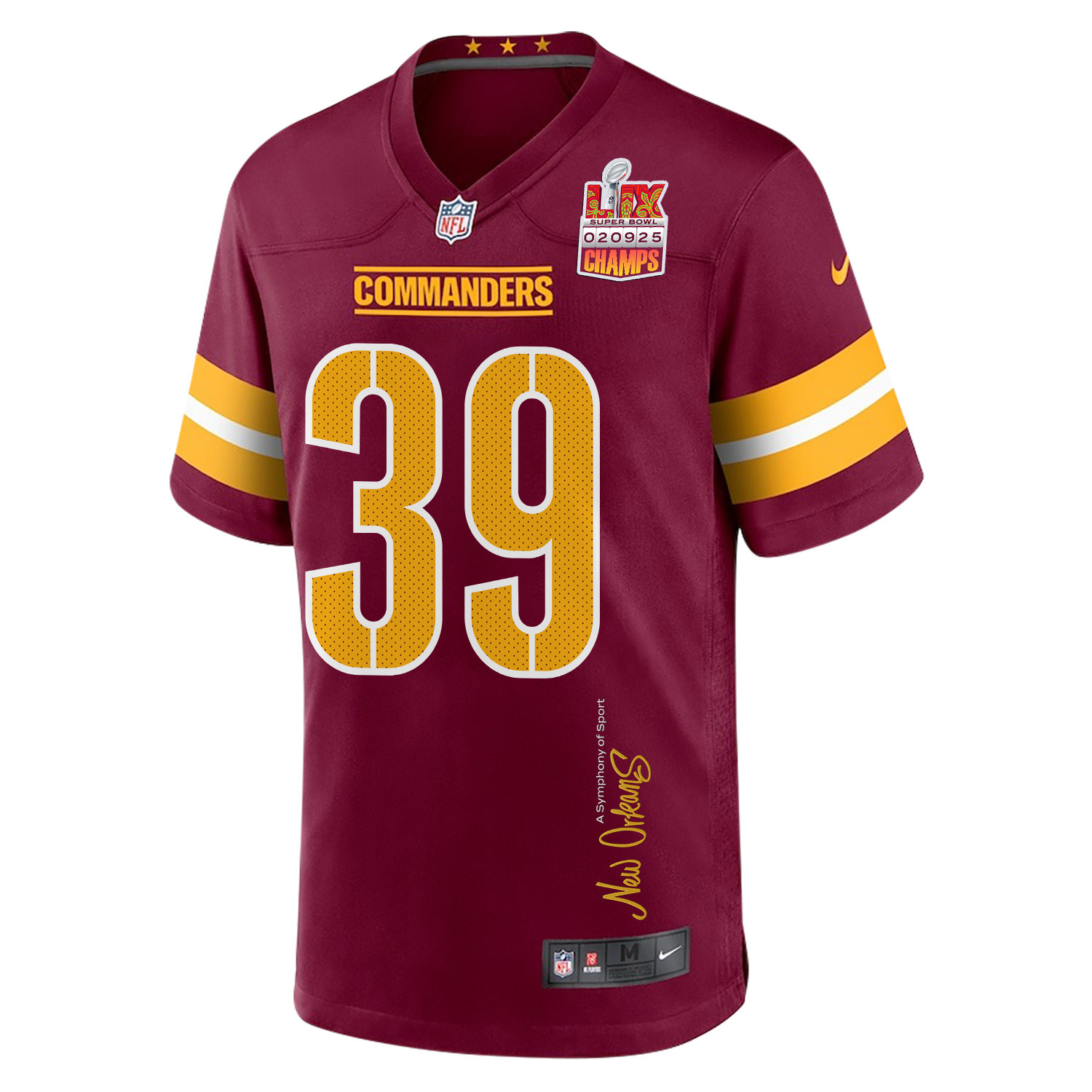 Jeremy Reaves 39 Washington Commanders Super Bowl LIX Champions Patch New Orleans A Symphony of Sport' EMBROIDERED Game Burgundy NFL Jersey Men's