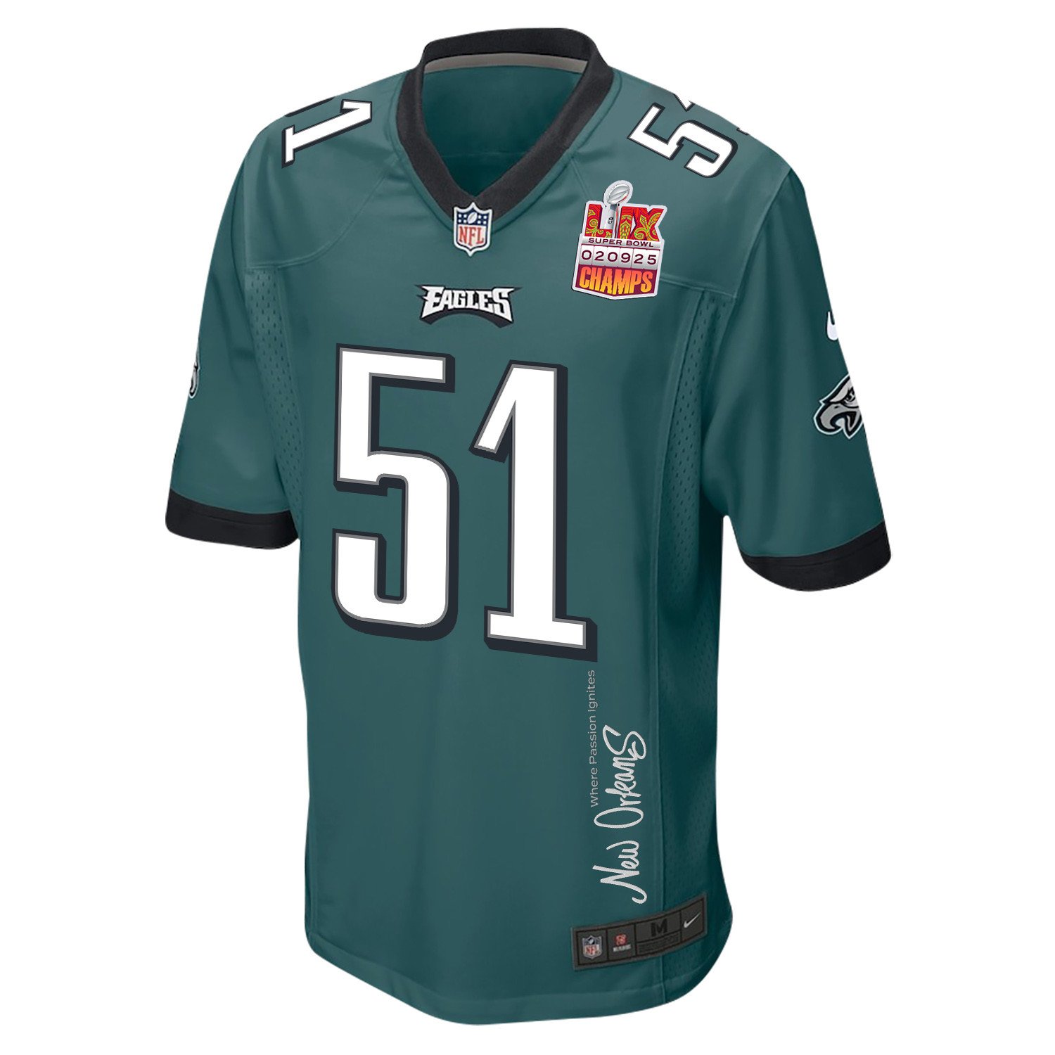 Cam Jurgens 51 Philadelphia Eagles Super Bowl LIX Champions Patch New Orleans Where Passion Ignites' EMBROIDERED Game Midnight Green NFL Jersey Men's