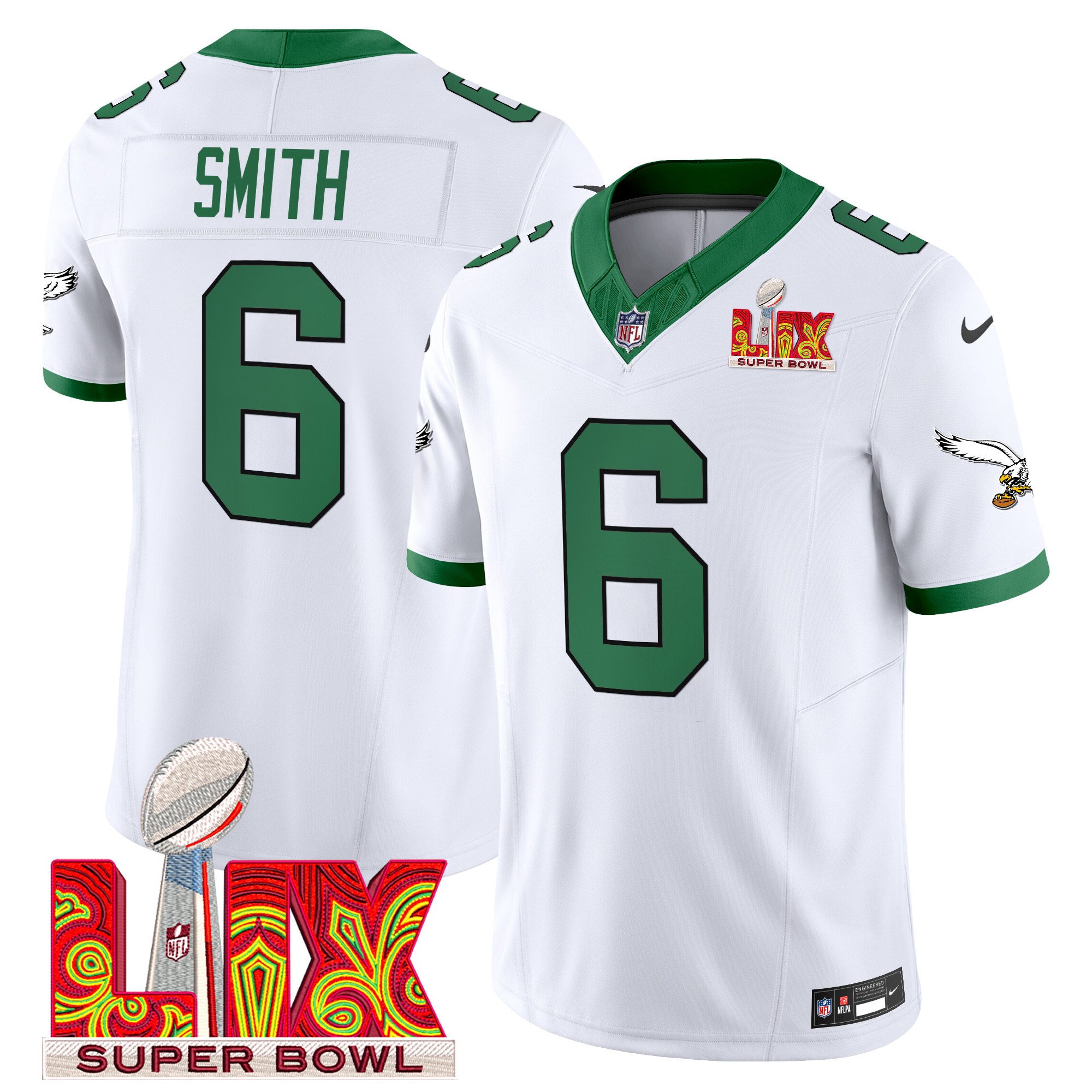DeVonta Smith 6 Philadelphia Eagles Kelly Green Super Bowl Champions LIX Patch Vapor Limited White NFL Jersey Men's