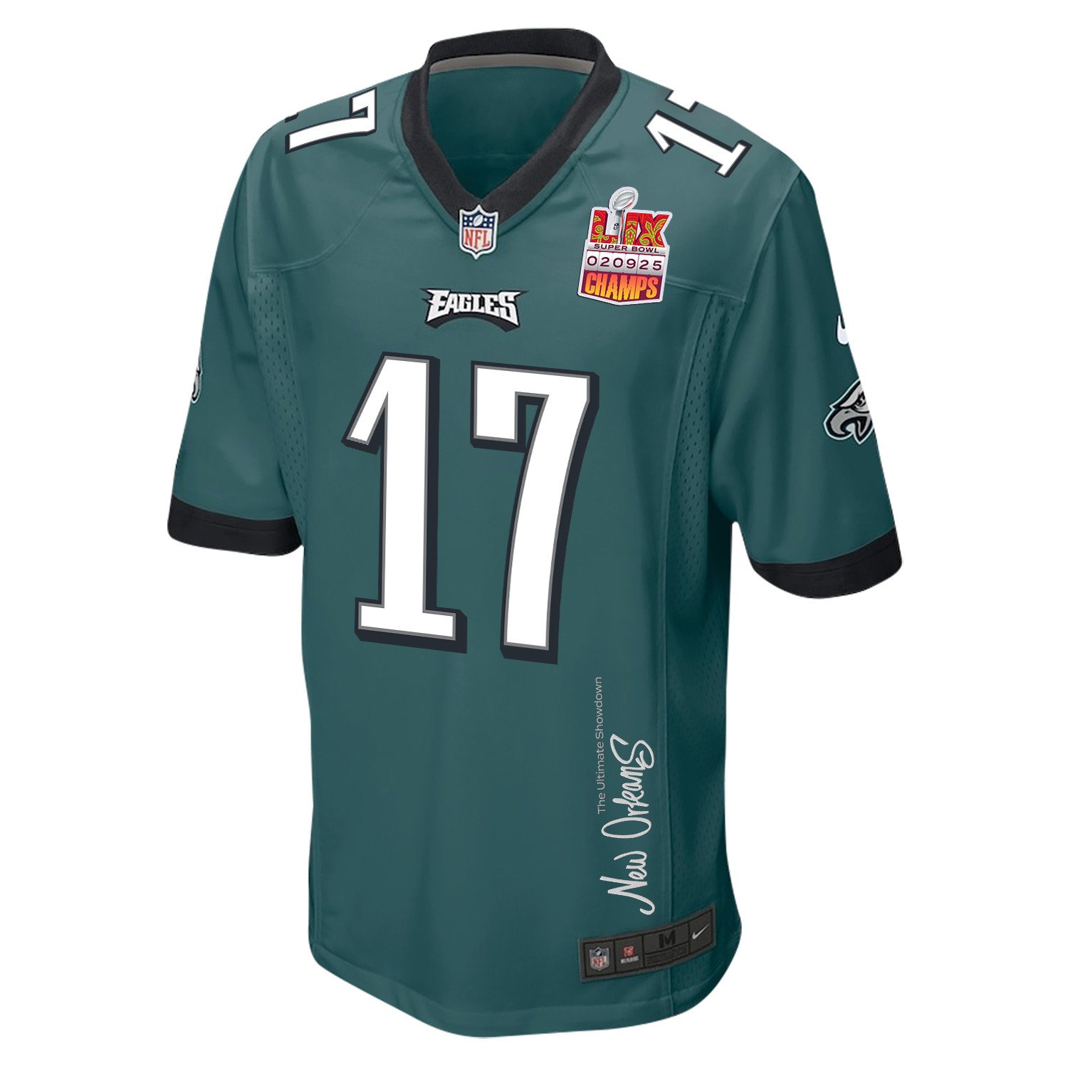 Nakobe Dean 17 Philadelphia Eagles Super Bowl LIX Champions Patch New Orleans The Ultimate Showdown' EMBROIDERED Game Midnight Green NFL Jersey Men's