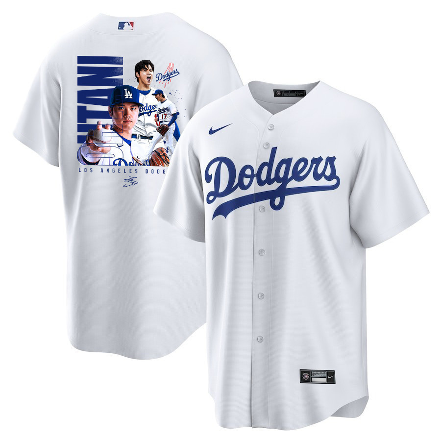 Shohei Ohtani 17 Los Angeles Dodgers Signed Name 2023 Home White MLB Jersey Men's